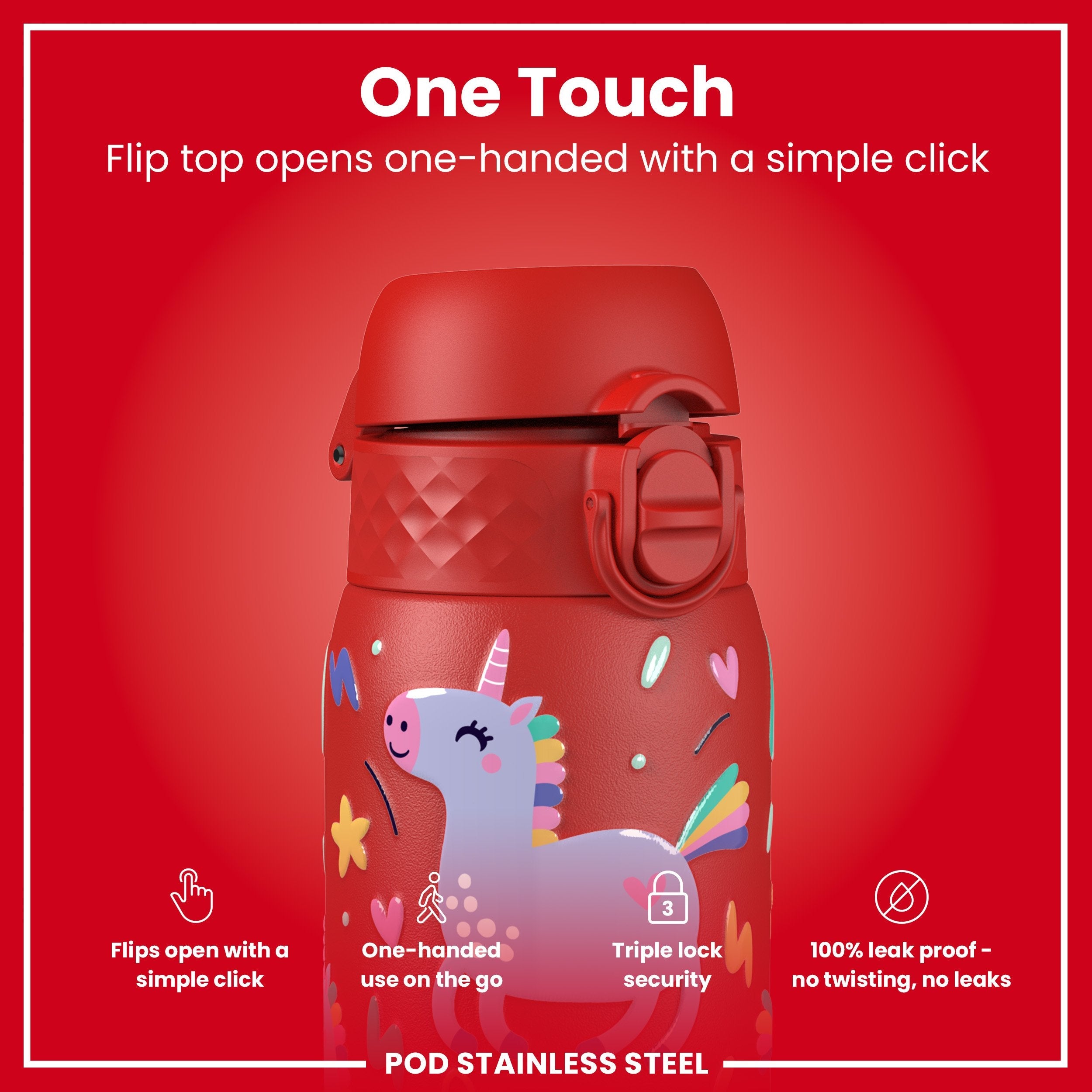Leak Proof Kids Water Bottle, Stainless Steel, Red Unicorns, 400ml (13oz)