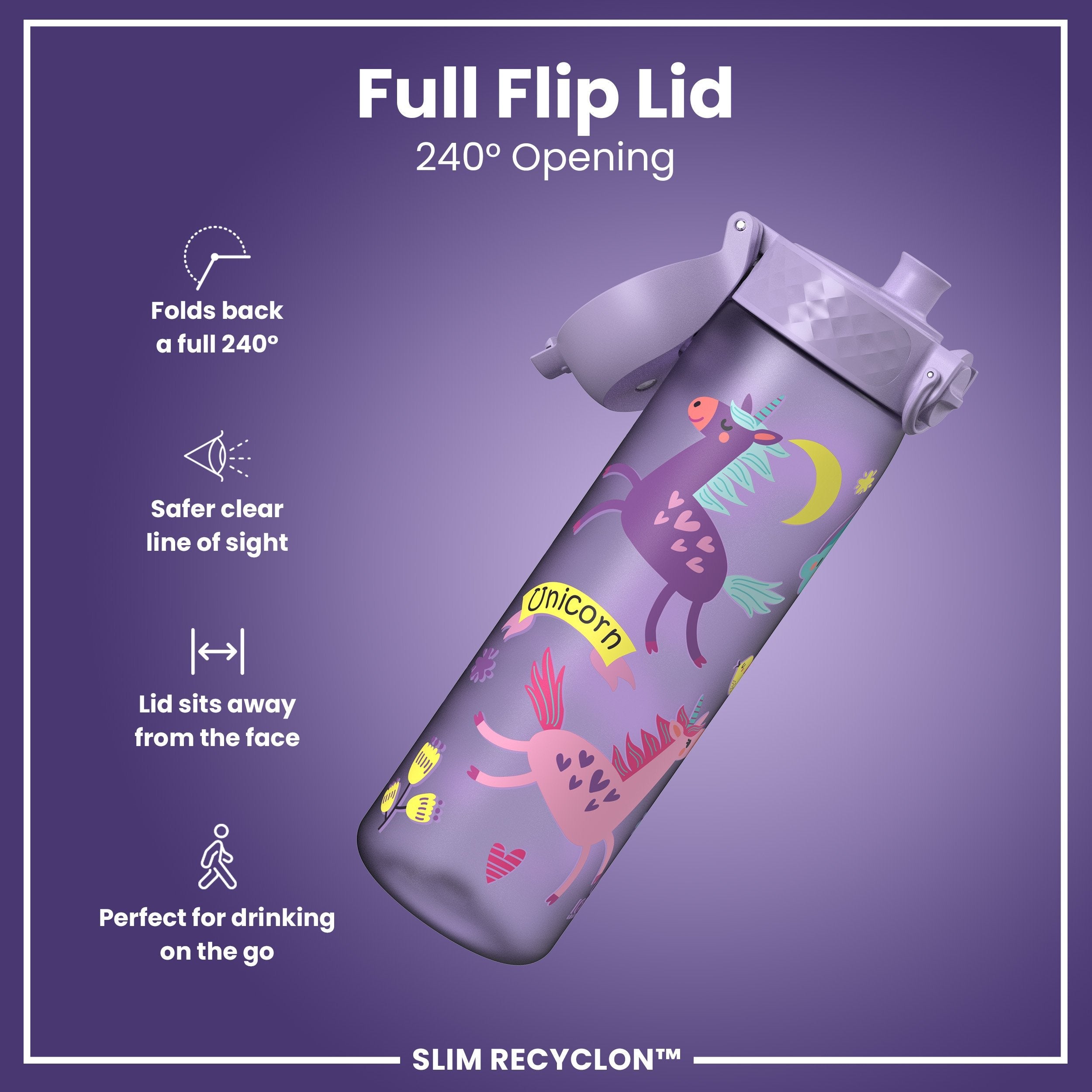 Leak Proof Slim Water Bottle, Recyclon, Purple Unicorns, 500ml (18oz)