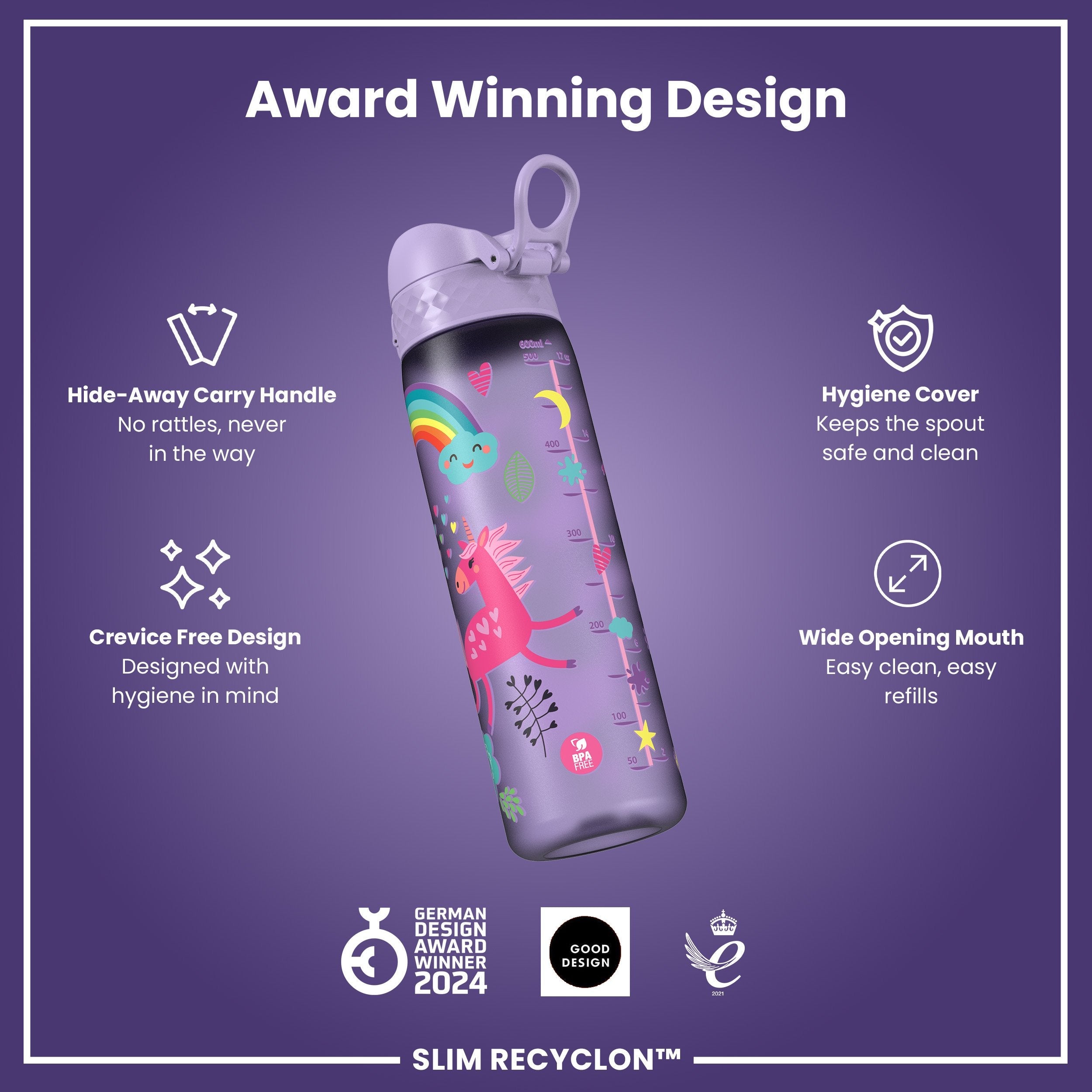 Leak Proof Slim Water Bottle, Recyclon, Purple Unicorns, 500ml (18oz)