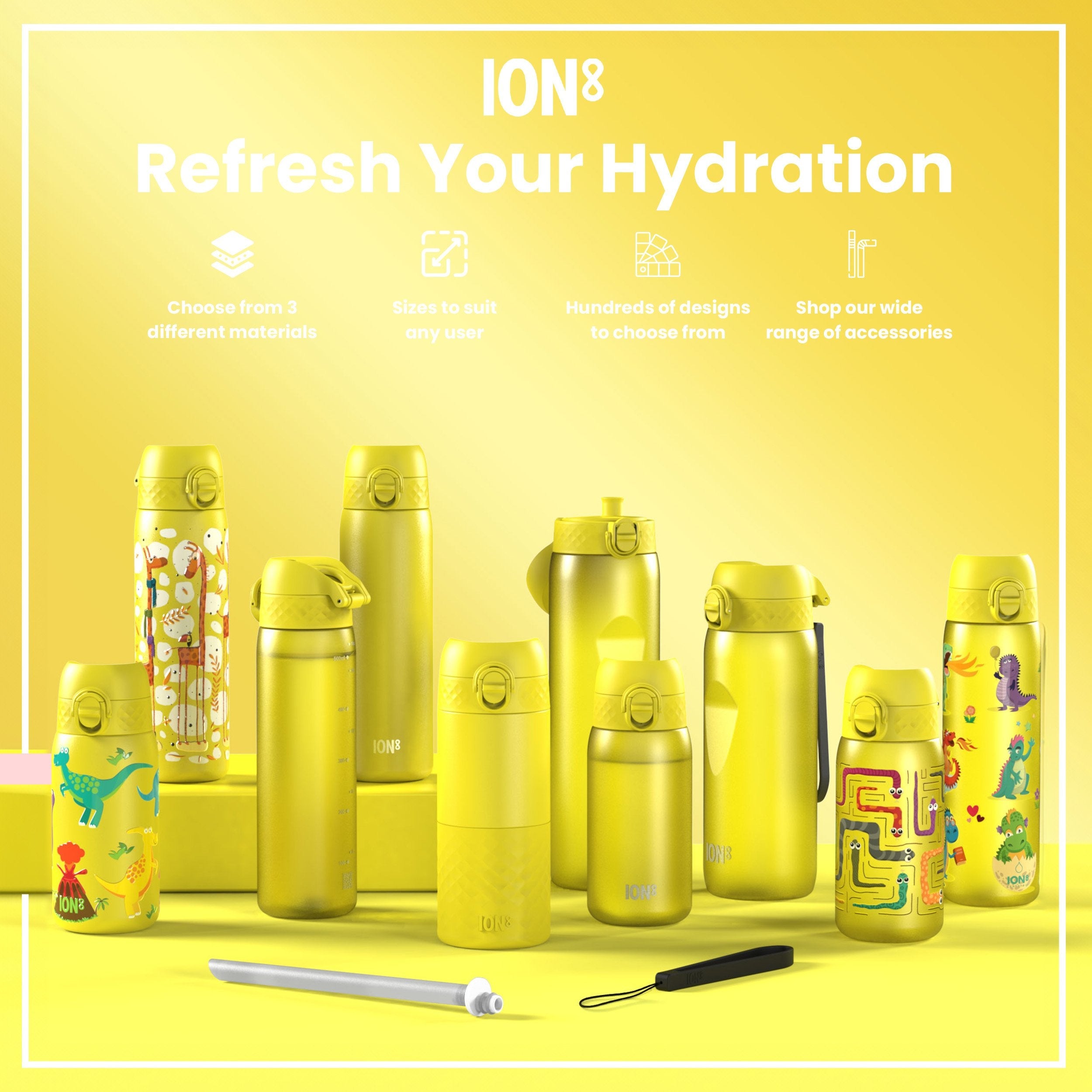 Leak Proof Kids Water Bottle, Recyclon, Yellow Unicorns, 350ml (12oz)