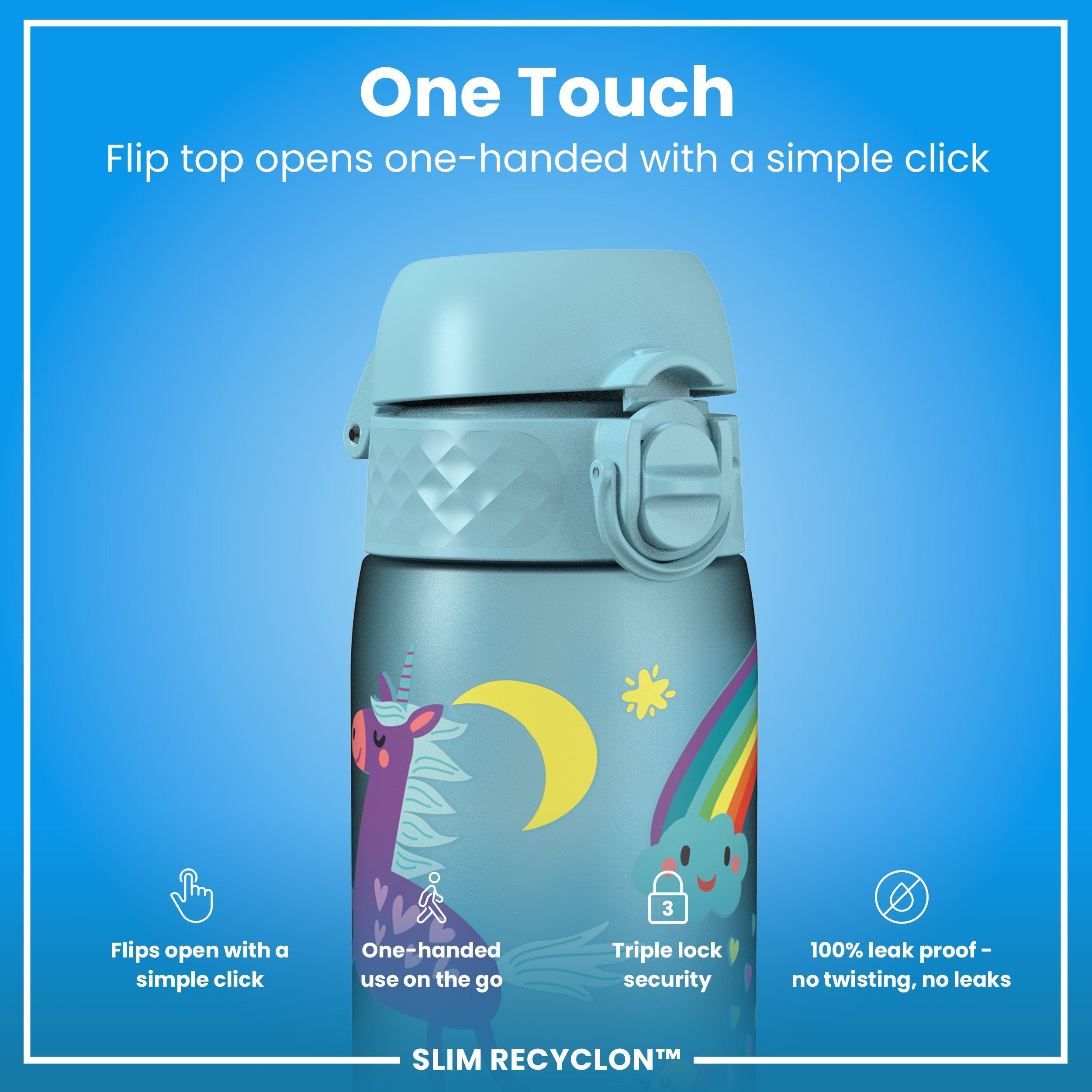 Leak Proof Slim Water Bottle, Recyclon, Blue Unicorns, 500ml (18oz)