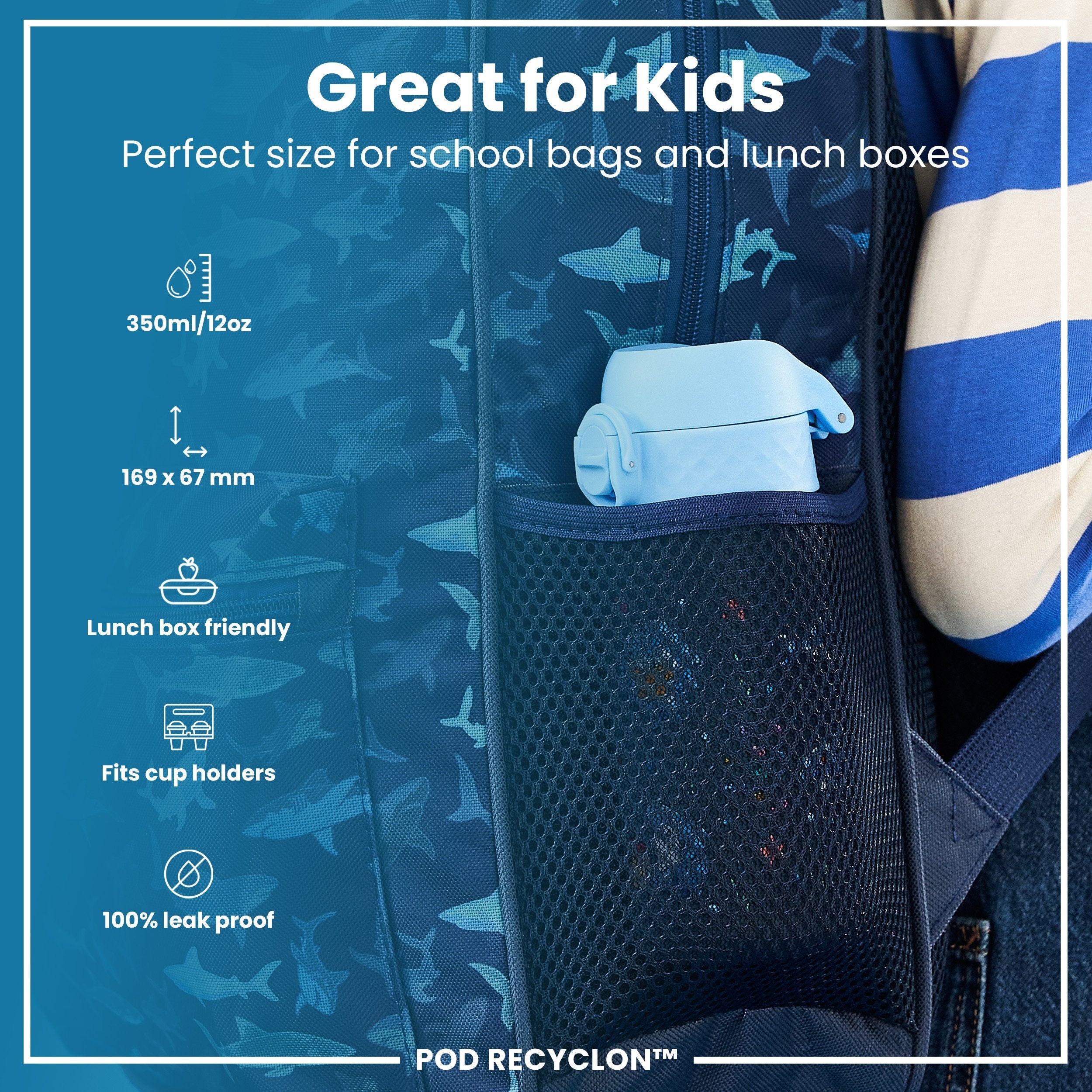 Leak Proof Kids Water Bottle, Recyclon, Sharks, 350ml (12oz)