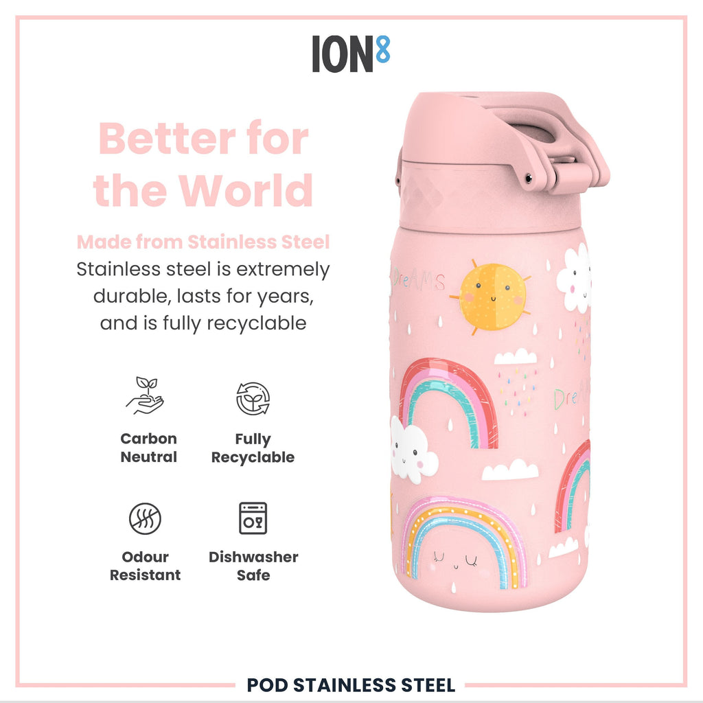Leak Proof Kids Water Bottle, Stainless Steel, Rainbows, 400ml (13oz)