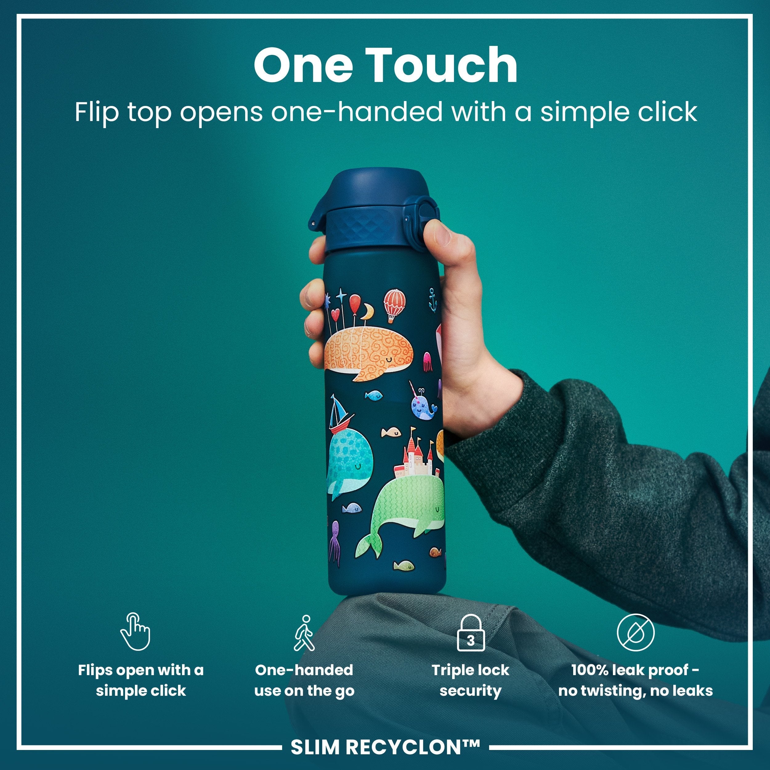 Leak Proof Slim Water Bottle, Recyclon, Whales, 500ml (18oz)