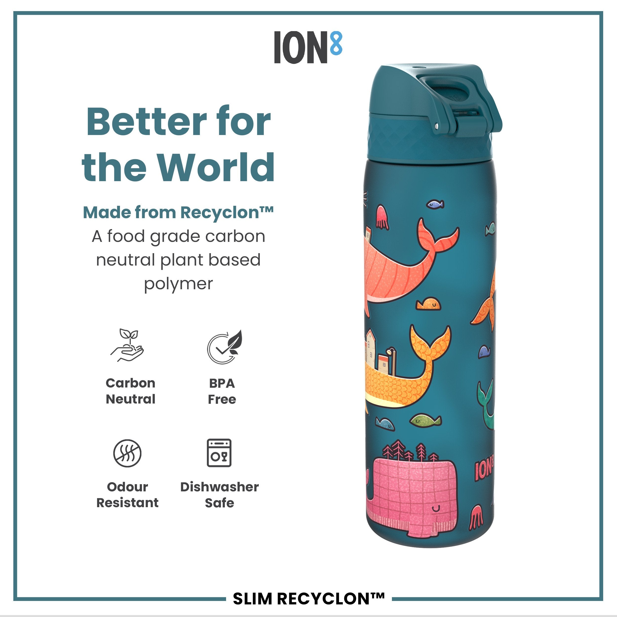 Leak Proof Slim Water Bottle, Recyclon, Whales, 500ml (18oz)