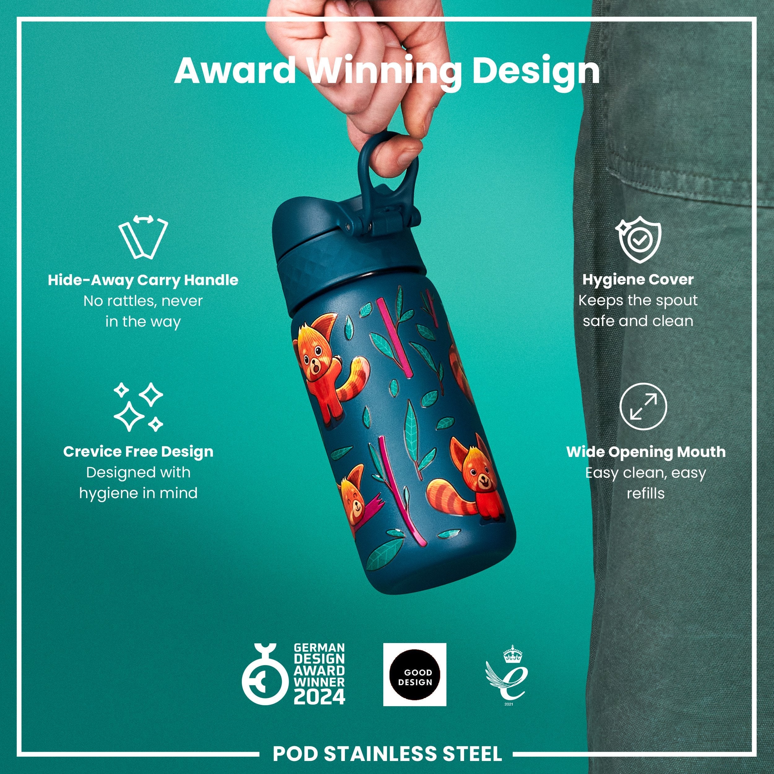 Leak Proof Kids Water Bottle, Stainless Steel, Red Pandas, 400ml (13oz)