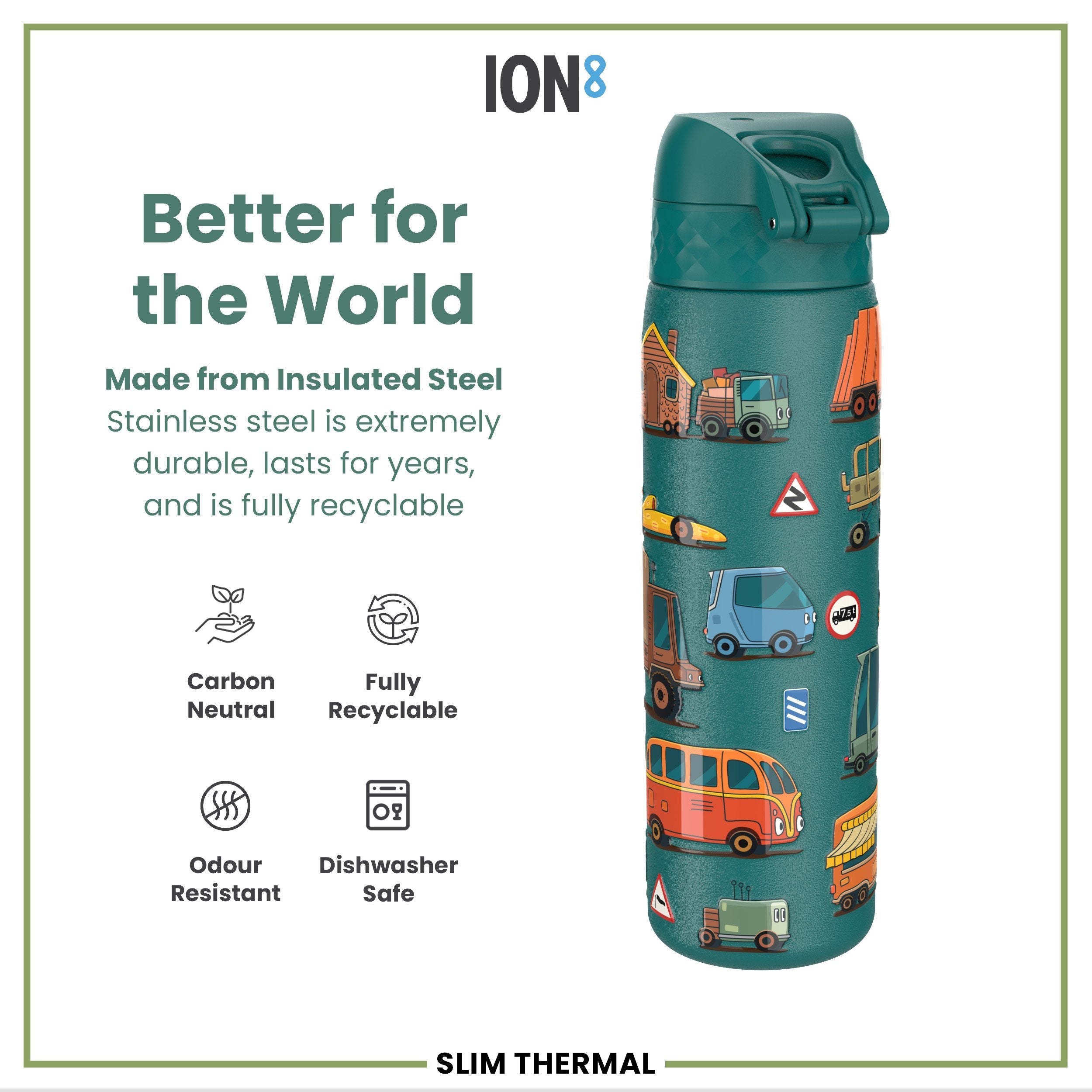 Leak Proof Slim Thermal Steel Water Bottle, Insulated, Automobiles, 500ml (17oz)