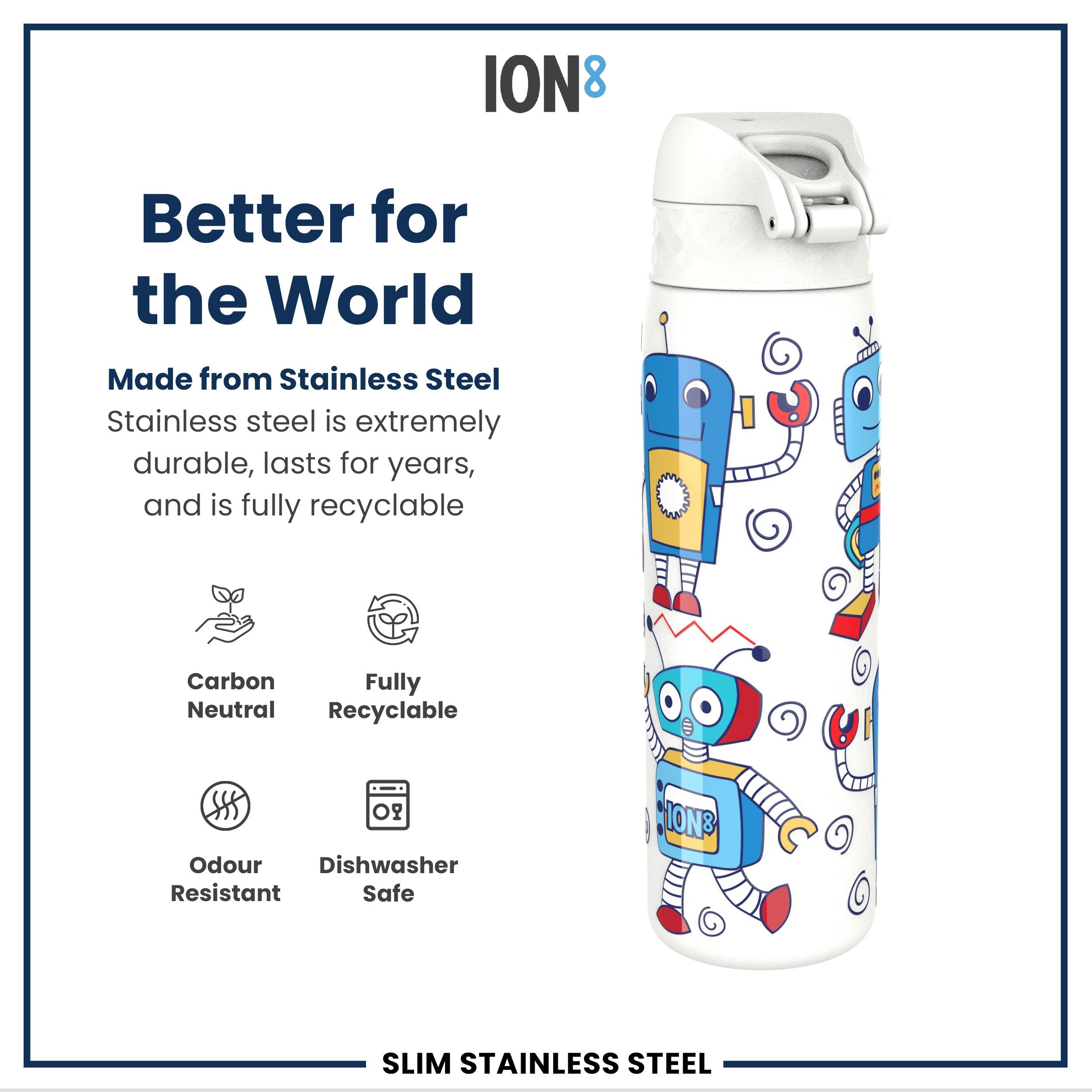 Leak Proof Slim Water Bottle, Stainless Steel, Robots, 600ml (20oz)
