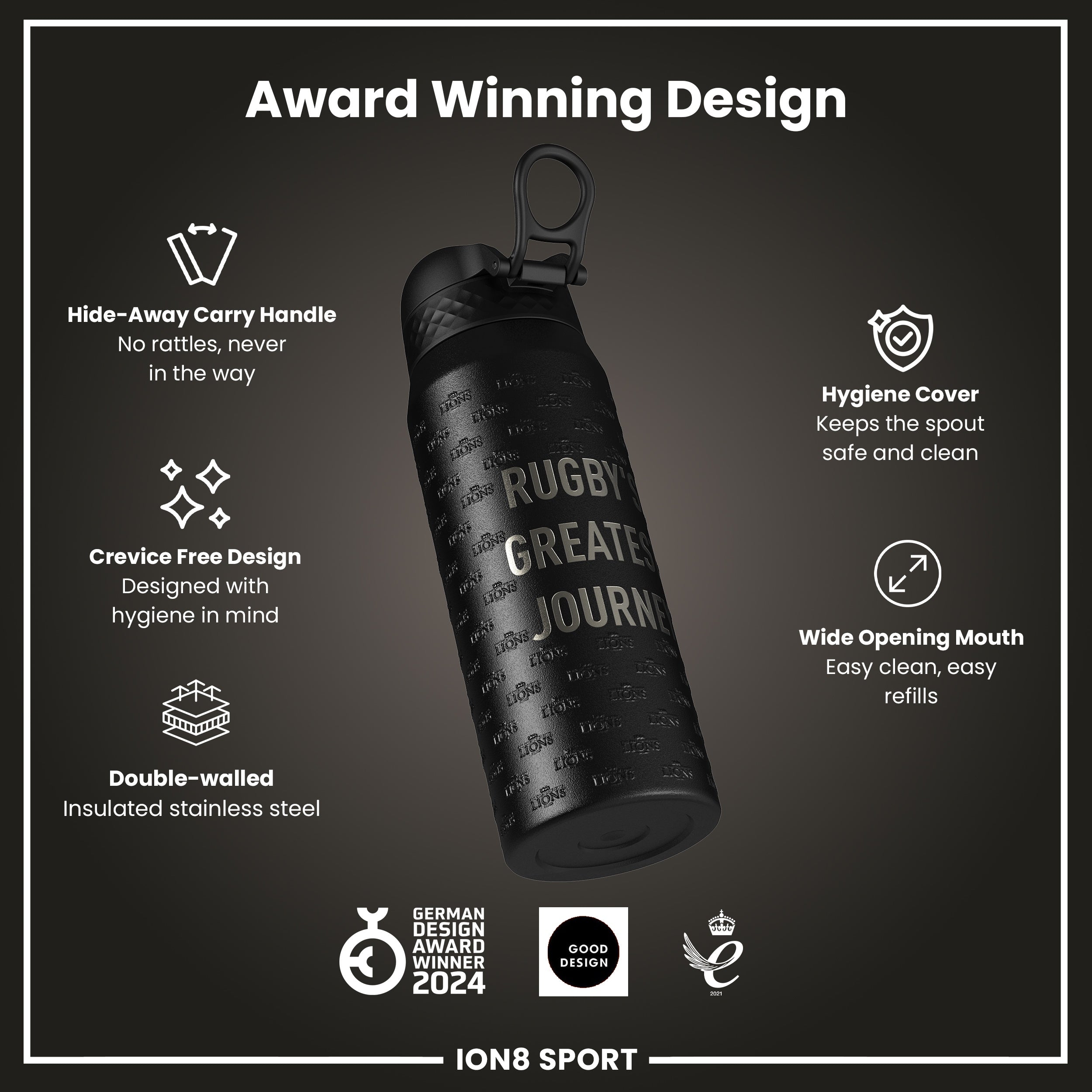 Lions X ION8 Insulated Steel Water Bottle, British & Irish Lions, Rugbys Greatest Journey, 750ml (24oz)