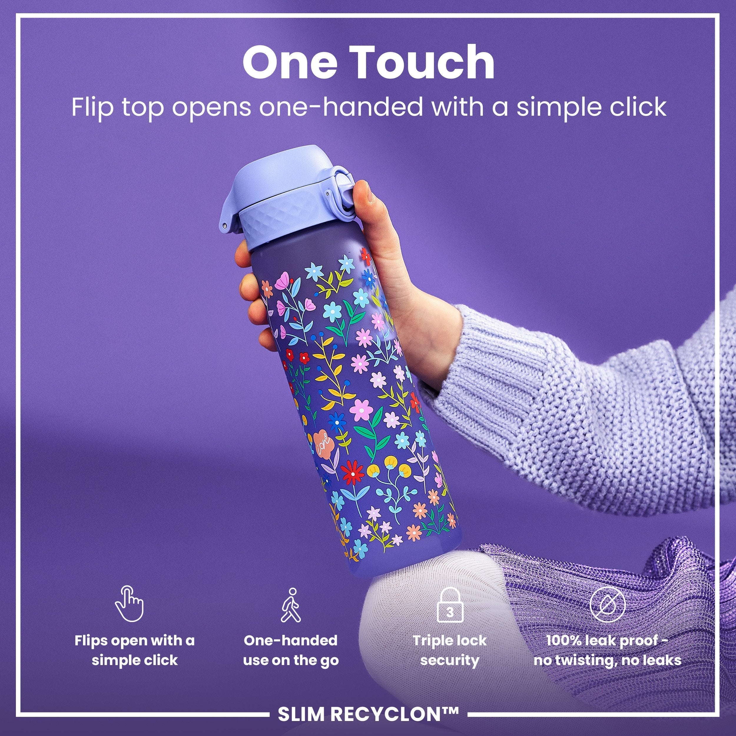 Leak Proof Slim Water Bottle, Recyclon, Ditsy Floral, 500ml (18oz)