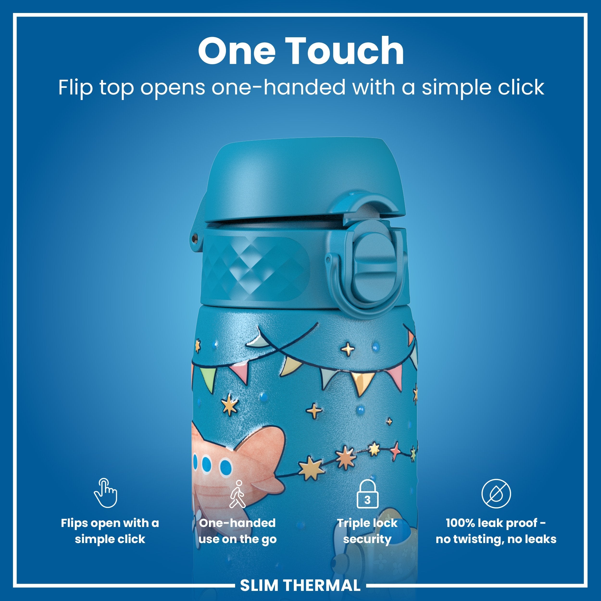 Leak Proof Slim Thermal Water Bottle, Insulated Steel, Airplanes, 500ml (17oz)