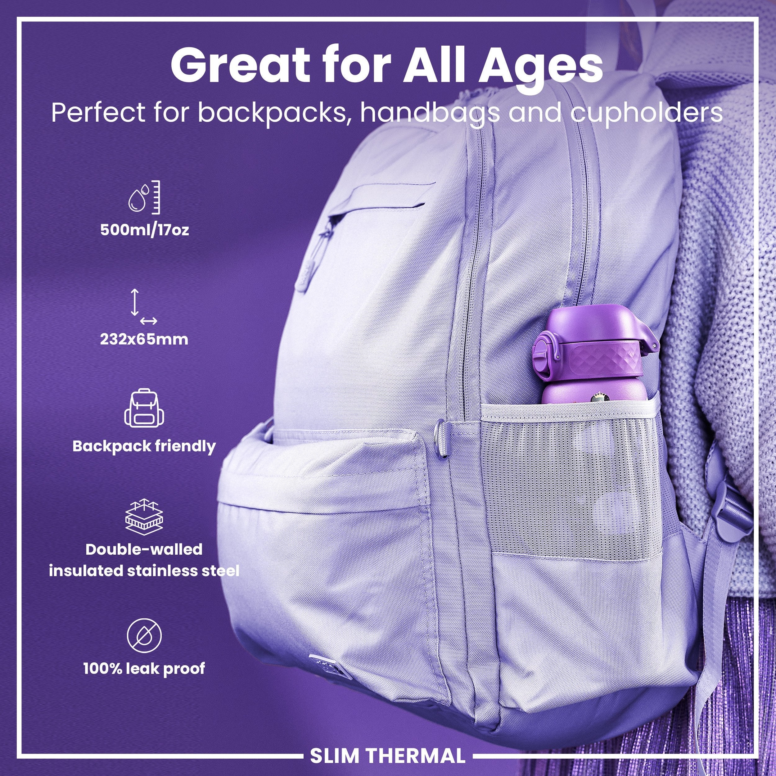 Leak Proof Slim Thermal Water Bottle, Insulated Steel, Princess, 500ml (17oz)