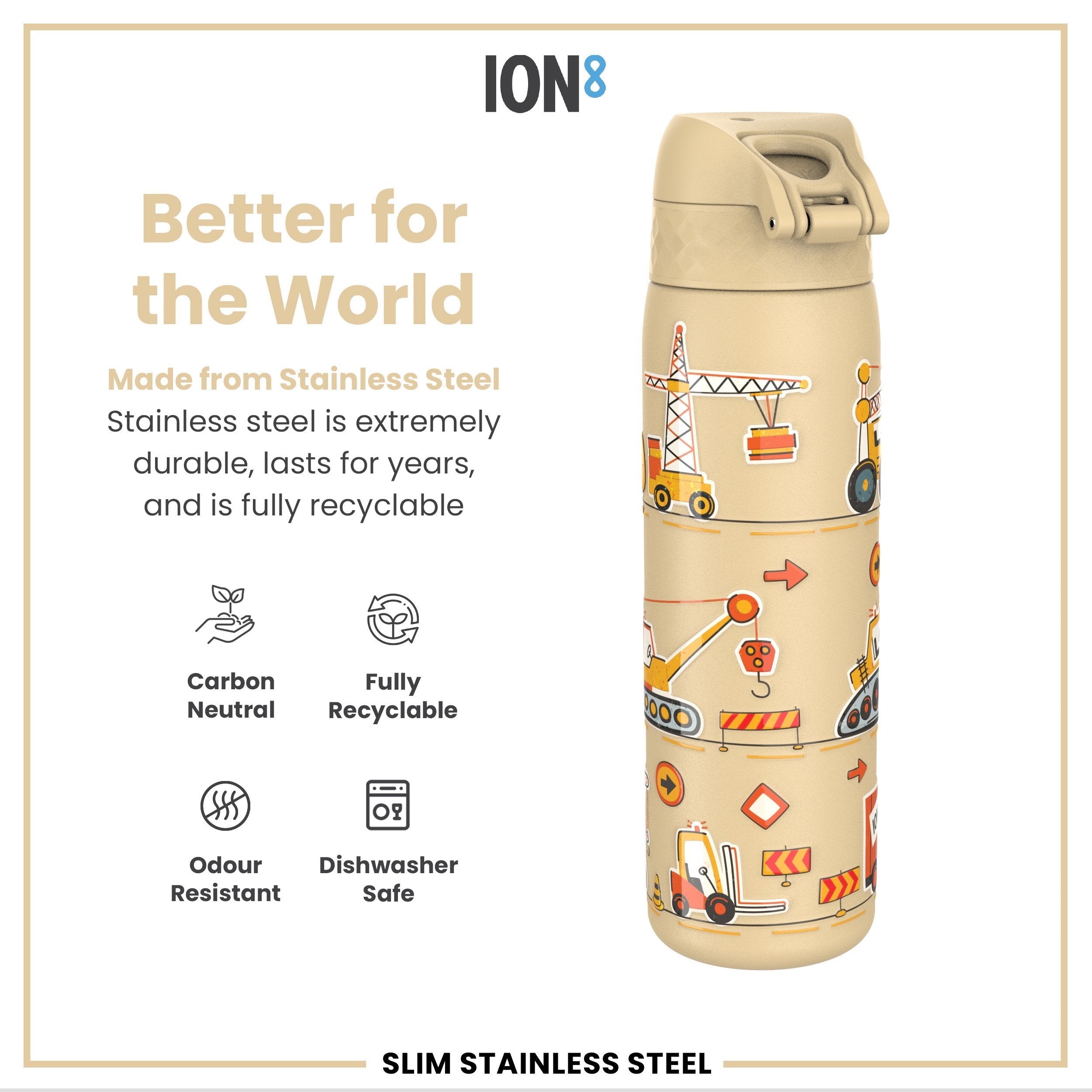 Leak Proof Slim Water Bottle, Stainless Steel, Diggers, 600ml (20oz)