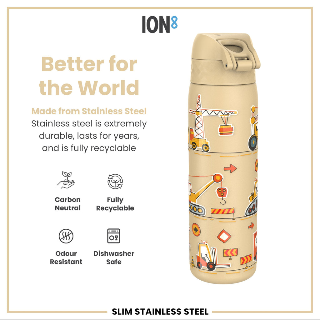 Leak Proof Slim Water Bottle, Stainless Steel, Diggers, 600ml (20oz)