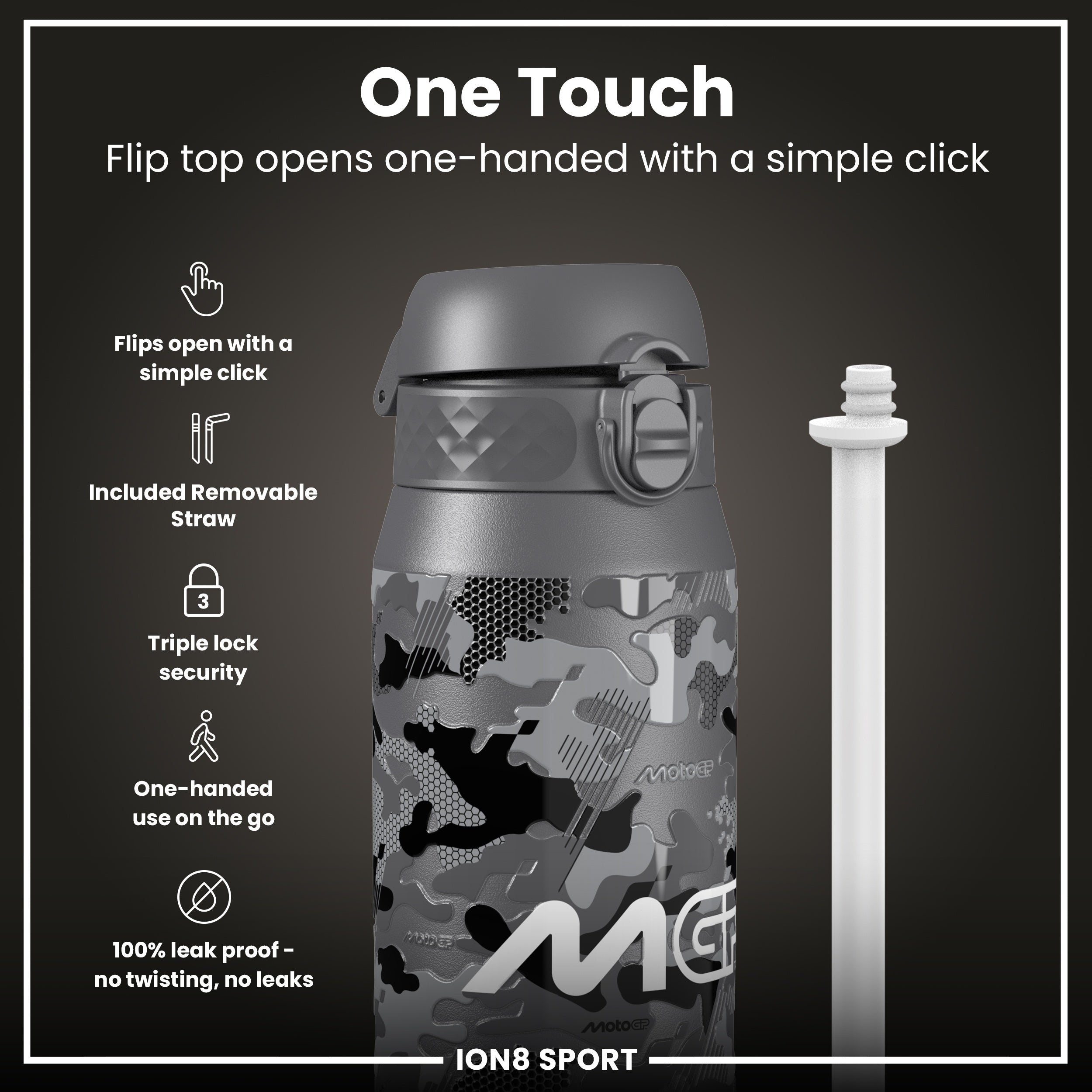 MotoGP x ION8 Insulated Steel Water Bottle, MotoGP Camouflage, 750ml (24oz)