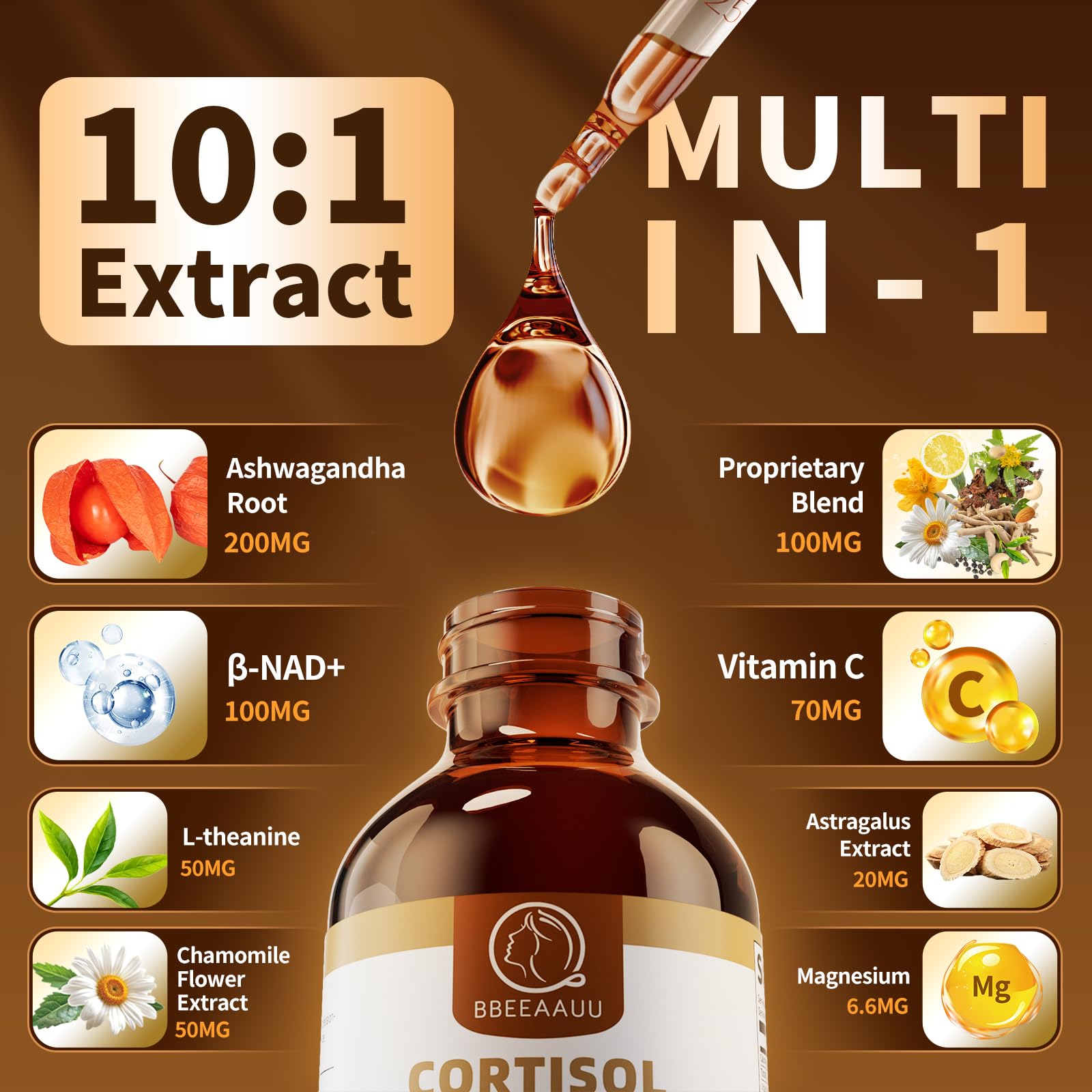 BBEEAAUU Cortisol Supplements for Women & Men | 200mg Ashwagandha, L-Theanine & Phosphatidylserine | Pineapple 60ml