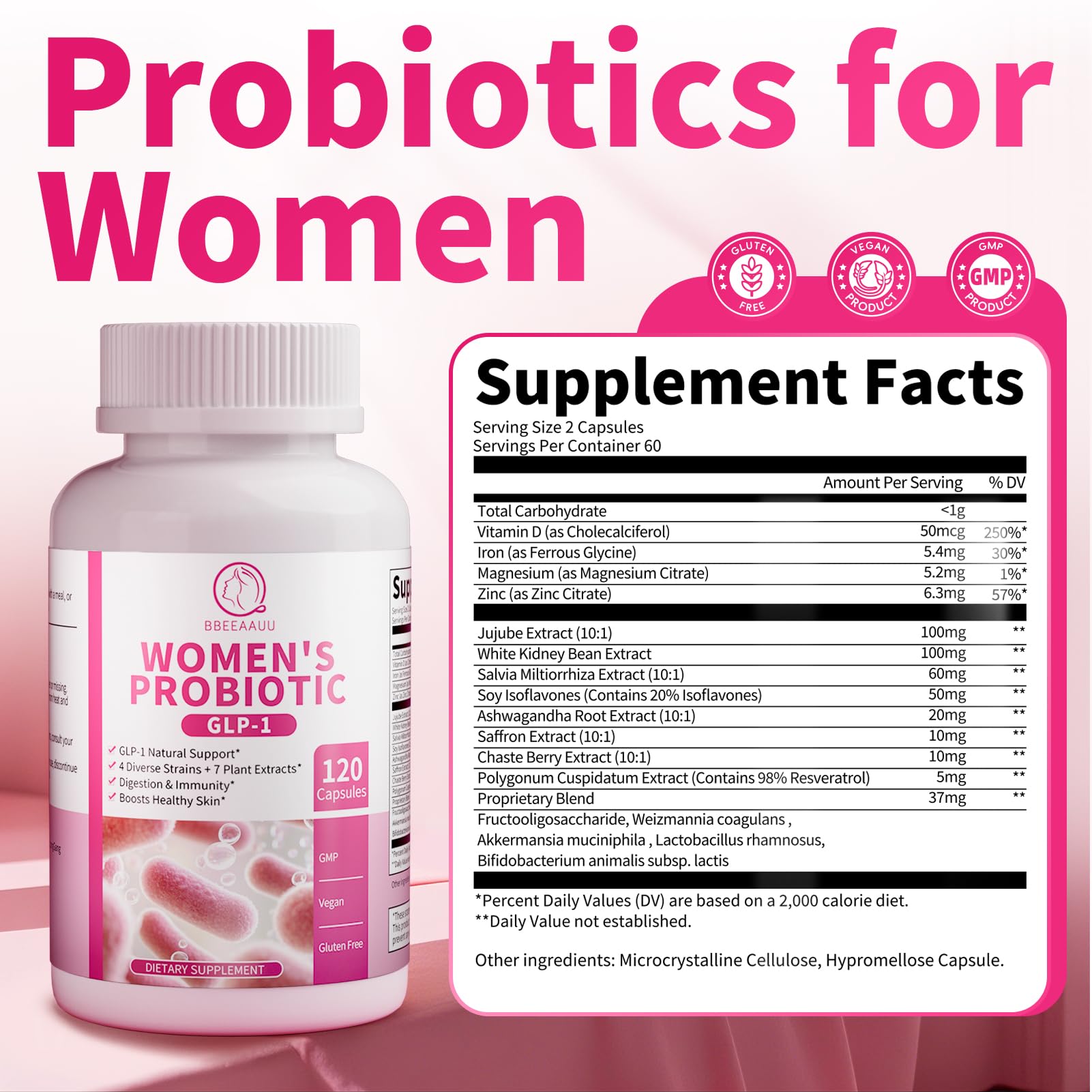 BBEEAAUU Probiotics for Women - 467B CFUs, GLP-1, Vegan, 120 Caps
