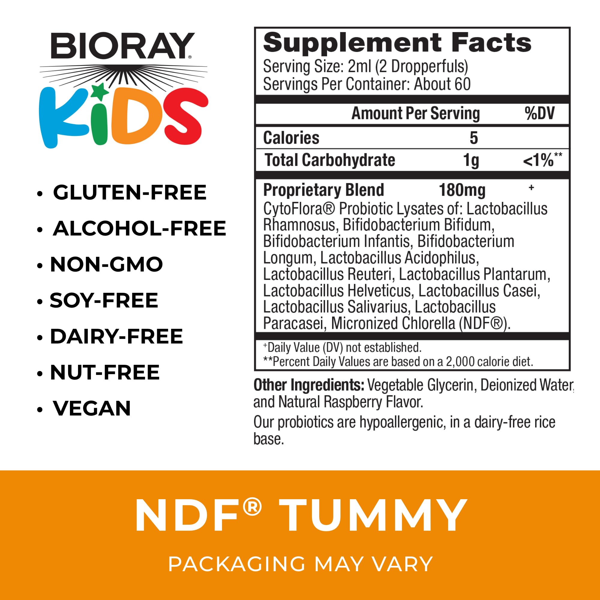 BIORAY Kids NDF Tummy Raspberry – 11-Strain Probiotic, 4 fl oz, Immune Support in GI Tract, Non-GMO, Vegan, Gluten Free