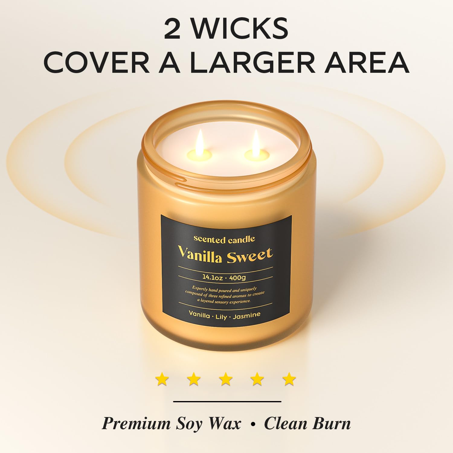 CHILLFLAME Vanilla Candle 14.1 oz - 2-Wick Scented (Vanilla, Lily, Jasmine)