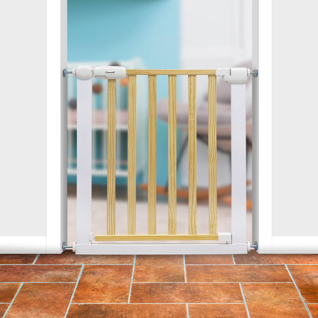 Callowesse Design Wood & Metal Pressure Fit Baby & Toddler Door & Stair Safety Gate | 76-83cm x H77cm - White