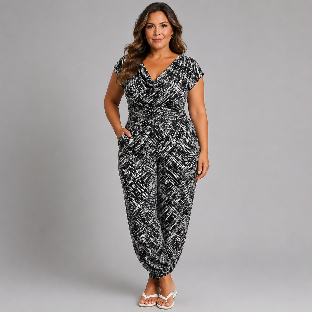 Black White Abstract Cowl Neck Jumpsuit