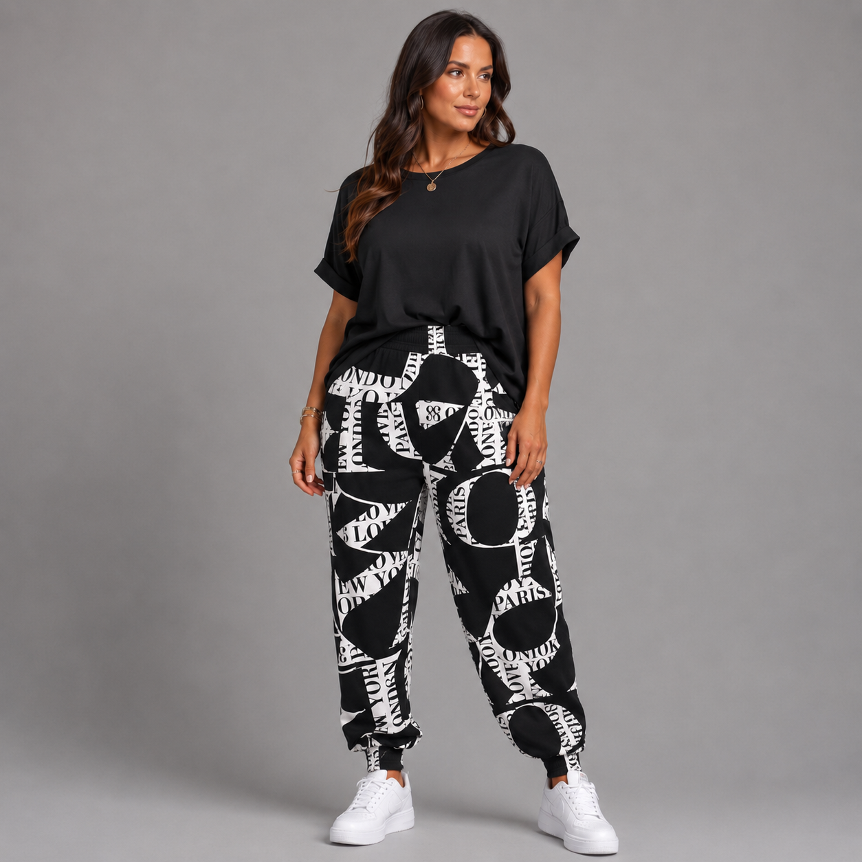 Black & White Love Paris High Waist Stretchy Harem Pants