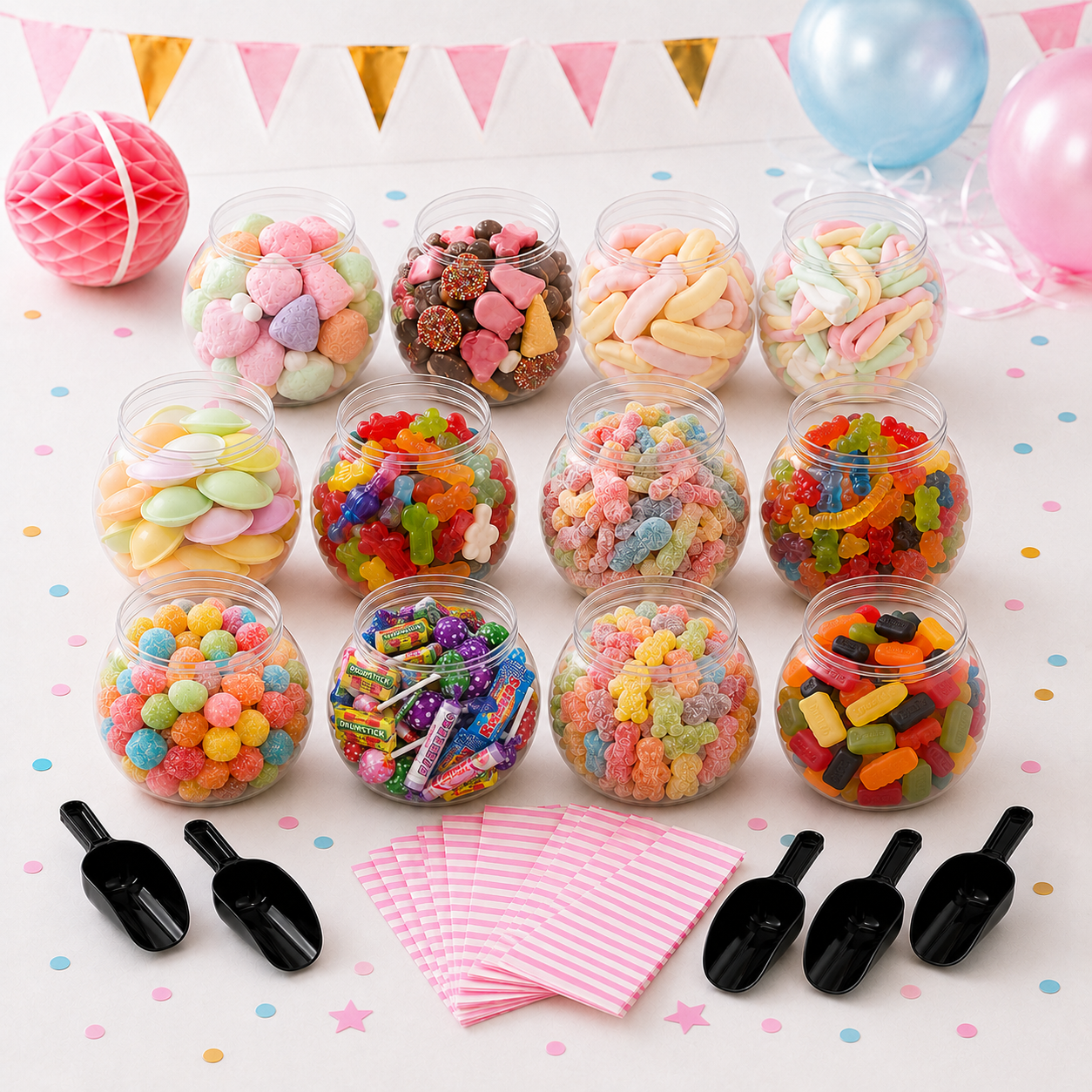 Huge 12 Jar Party Sweet Buffet Set - Up to 150 People inc Scoops & Pick & Mix Bags
