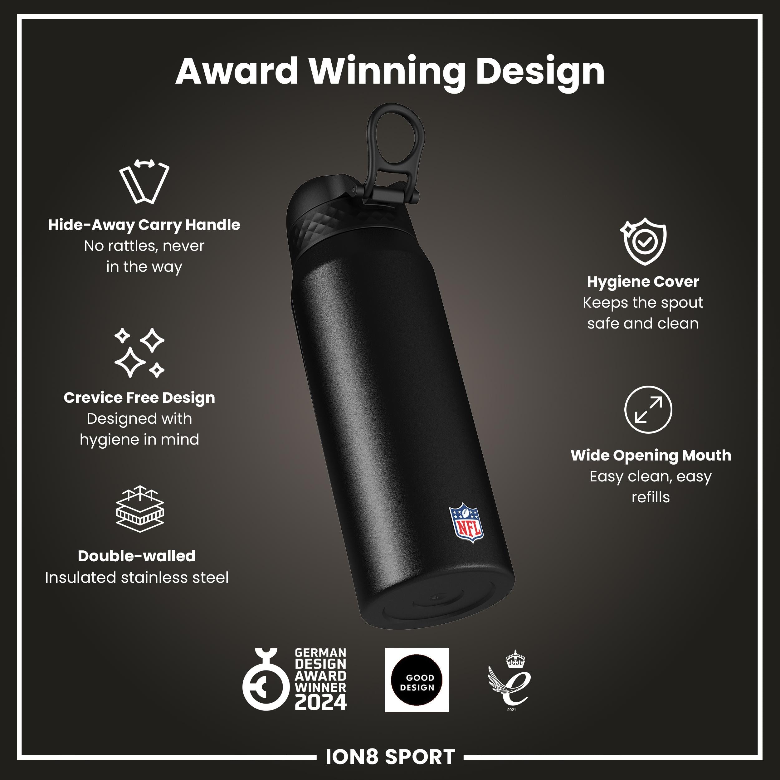 NFL x ION8 Insulated Steel Water Bottle, NFL Panthers, 750ml (24oz)
