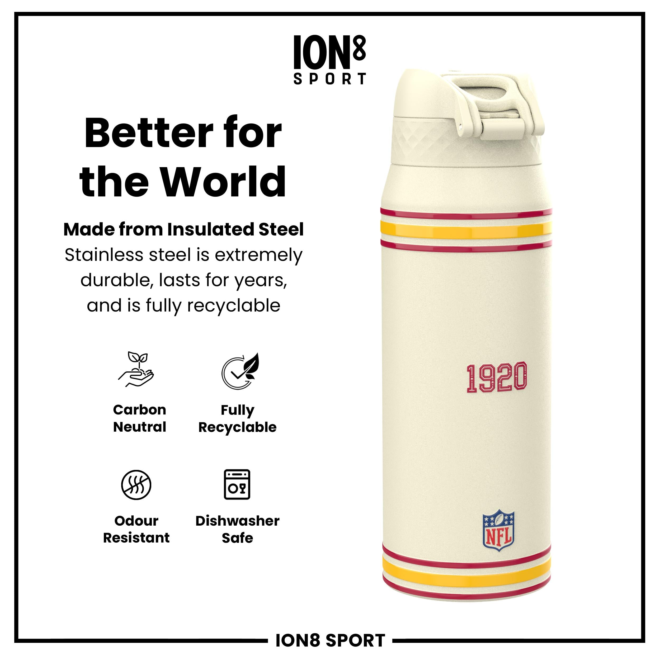 NFL x ION8 Insulated Steel Water Bottle, NFL Cardinals, 750ml (24oz)