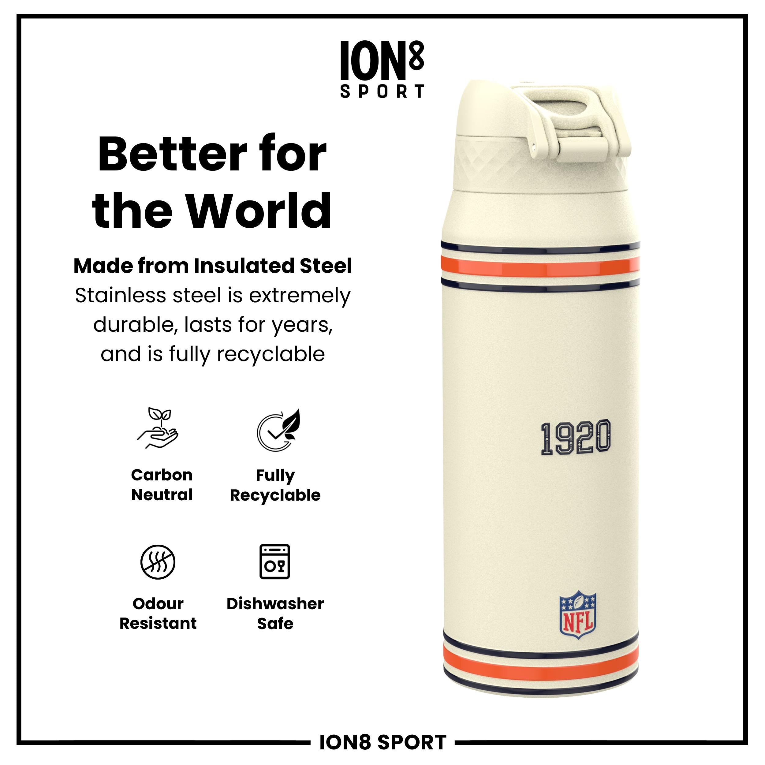 NFL x ION8 Insulated Steel Water Bottle, NFL Bears, 750ml (24oz)