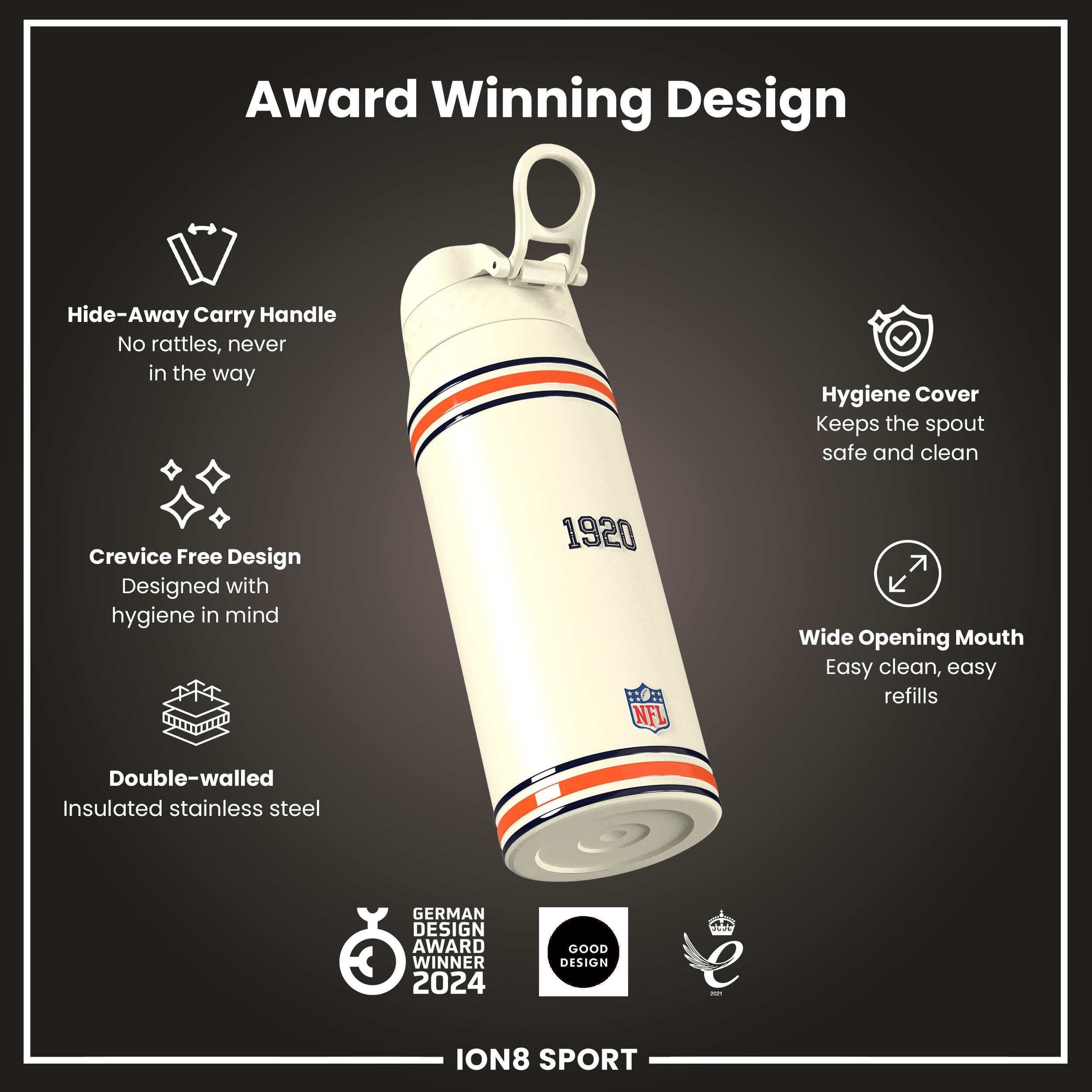 NFL x ION8 Insulated Steel Water Bottle, NFL Bears, 750ml (24oz)