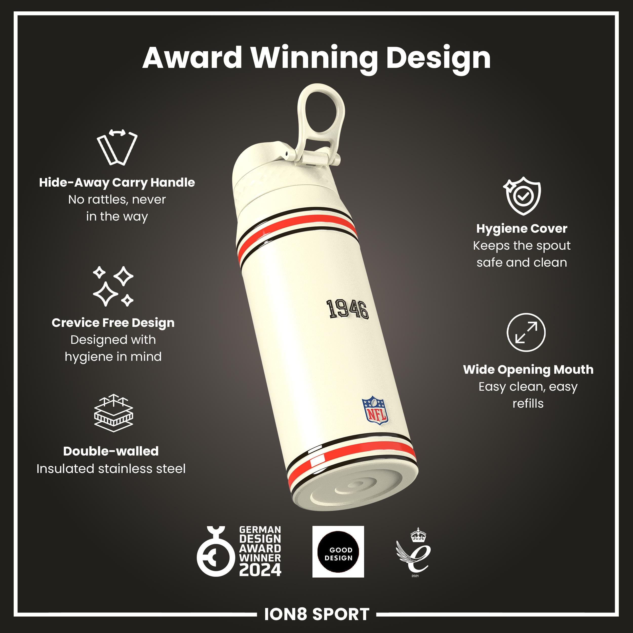 NFL x ION8 Insulated Steel Water Bottle, NFL Browns, 750ml (24oz)