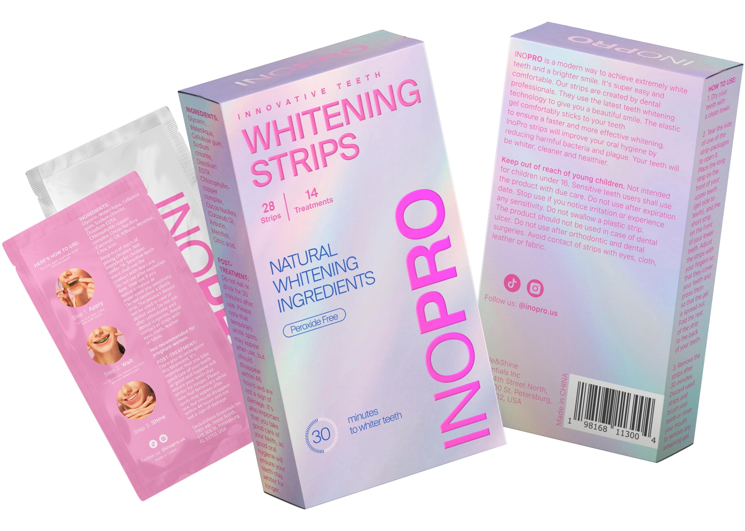 InoPro Teeth Whitening Strips Kit – Enamel Safe, Peroxide-Free, 28 Strips