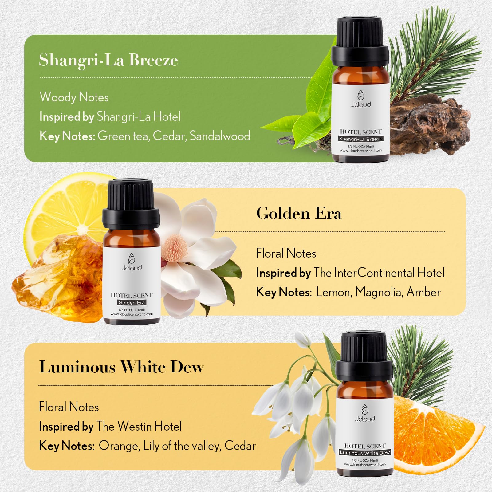 JCLOUD Hotel Diffuser Oils Set — Top 6 Luxury Hotel-Inspired Essential Oils (6x10mL)