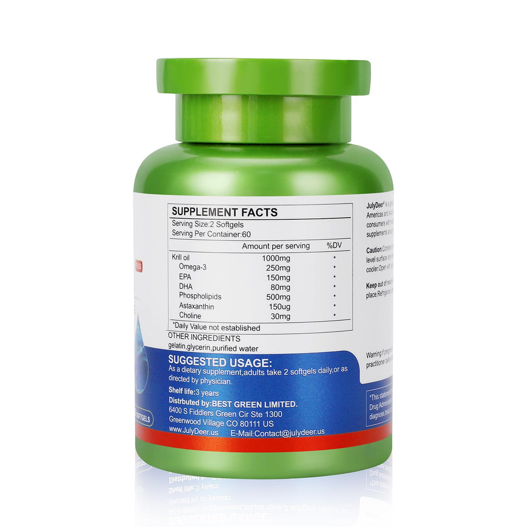 JulyDeer Krill Oil 1000 mg with Omega-3s – 120 Softgels – Antarctic, No Fishy Aftertaste