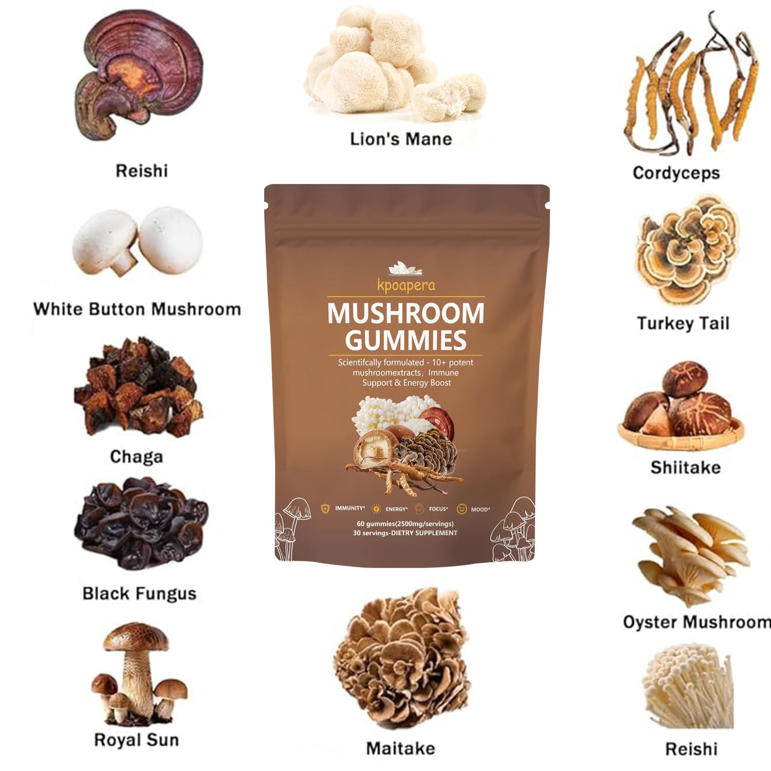 KPOAPERA Lions Mane Mushroom Gummies – 12-Mushroom Blend, 60 Chews, 2500mg/Serving, Vegan
