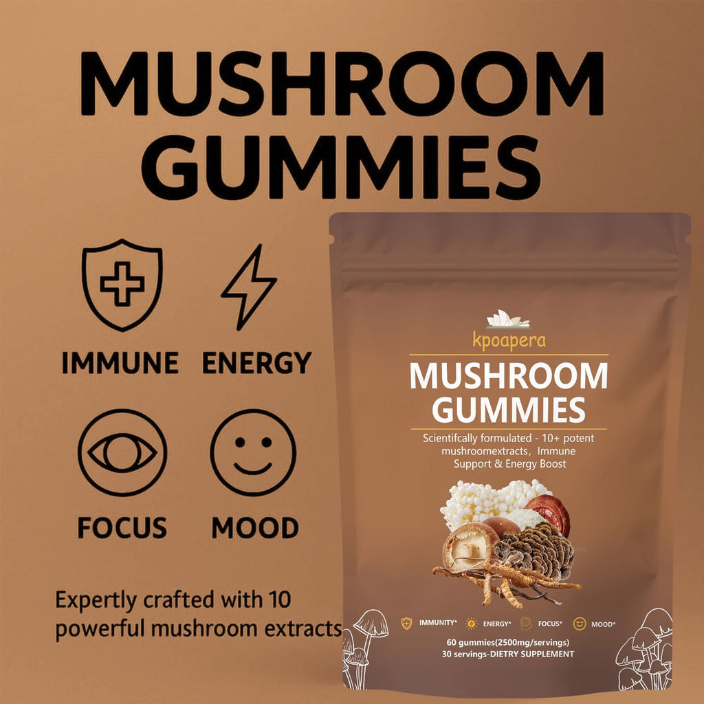 KPOAPERA Lions Mane Mushroom Gummies – 12-Mushroom Blend, 60 Chews, 2500mg/Serving, Vegan