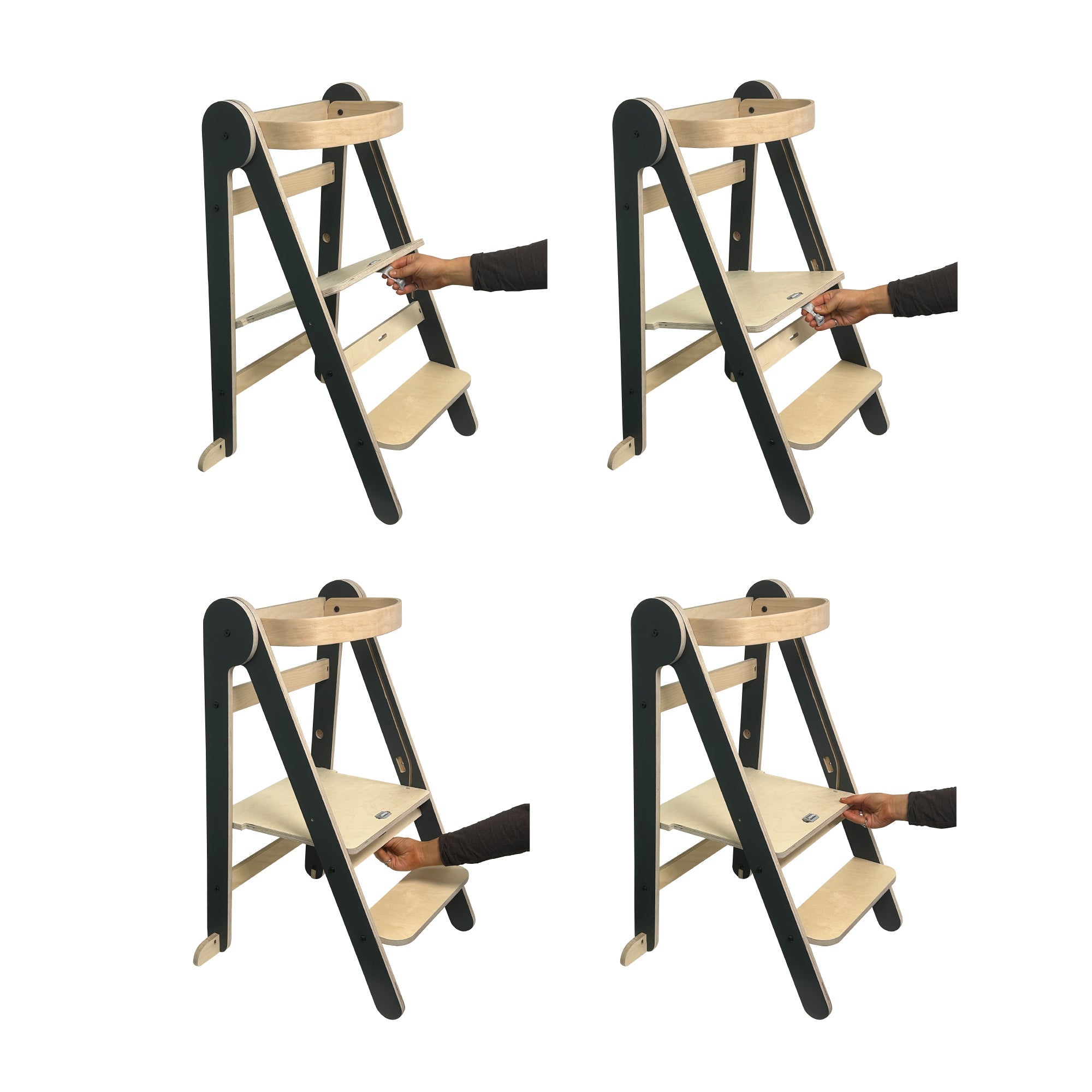 MamaToyz Folding Learning Tower Natural Beech Wood Montessori Child Safety Platform - Dark Grey / Natural
