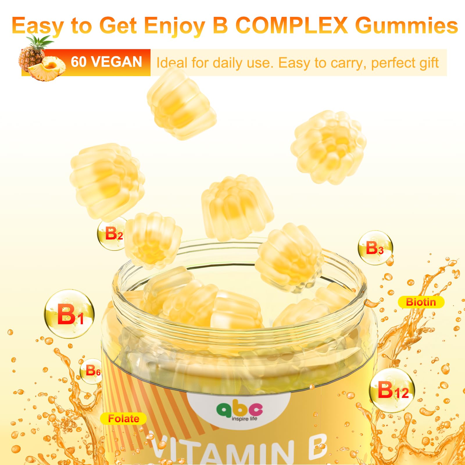 NEWOLITE Vitamin B Complex Gummies for Adults – Pineapple Flavor, 60 Count, Non-GMO & Vegan