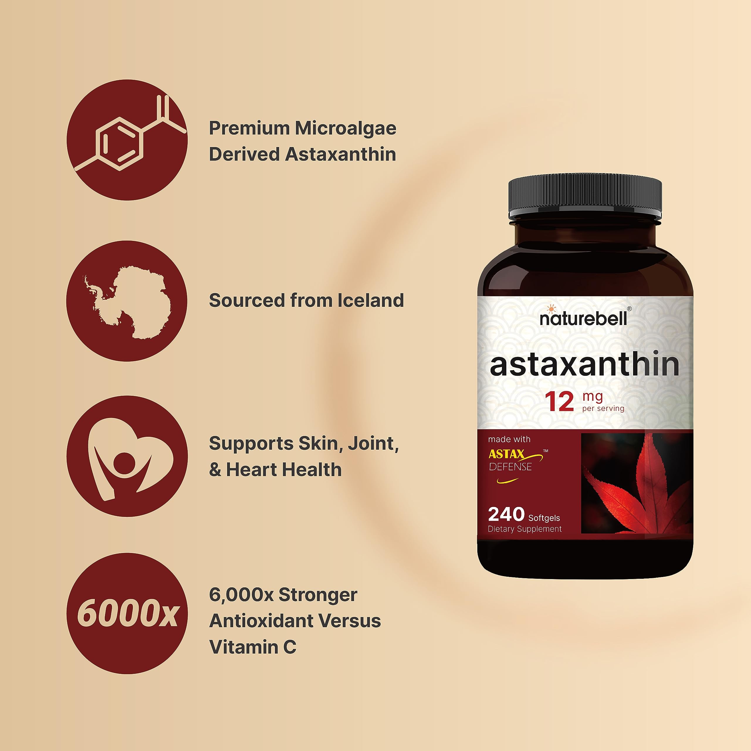 NatureBell Astaxanthin 12mg, 240 Softgels – AstaX Antioxidant Support