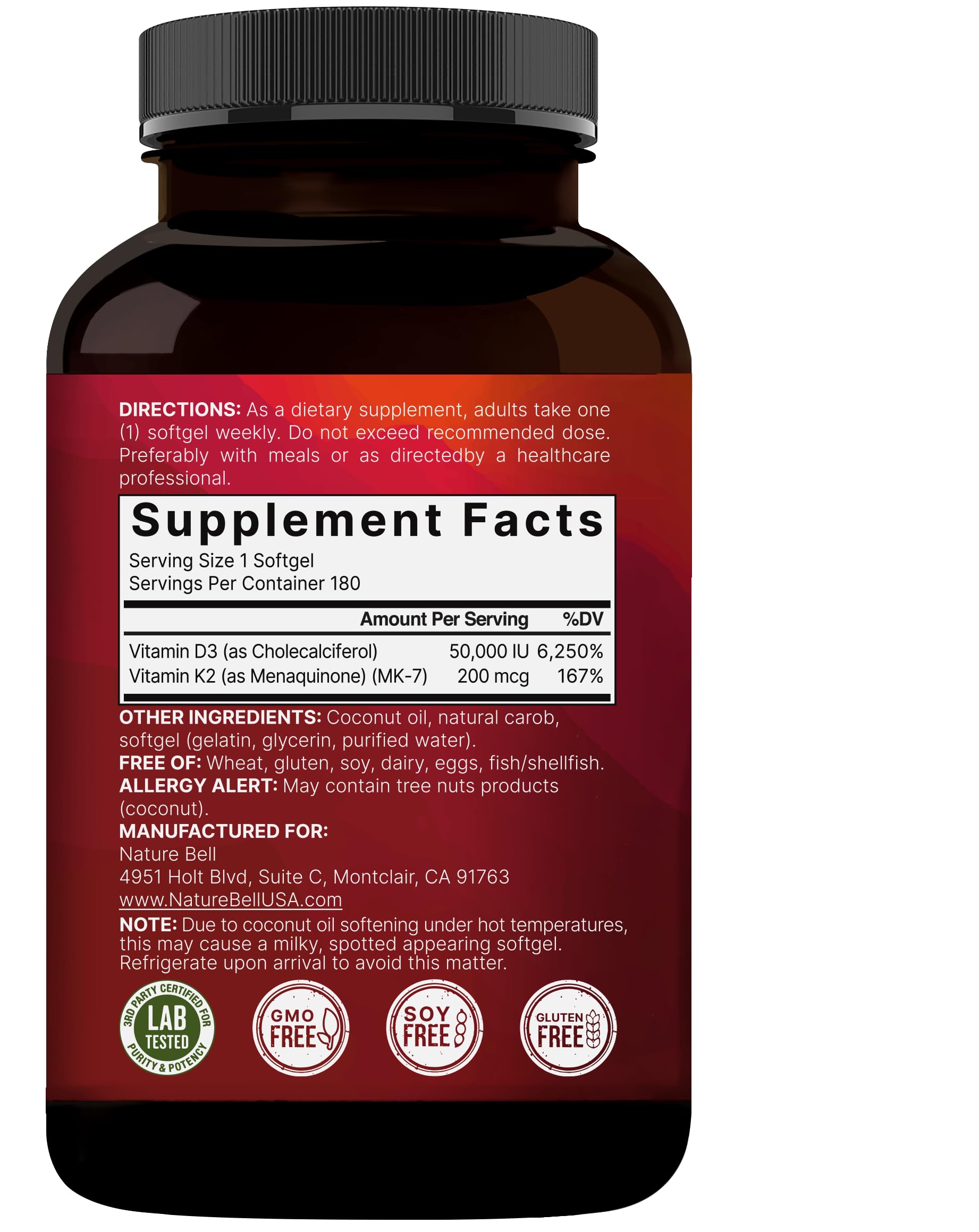 NatureBell Vitamin D3 50,000 IU + K2 200 mcg — Weekly Softgel with Coconut Oil (MK-7, Non-GMO)