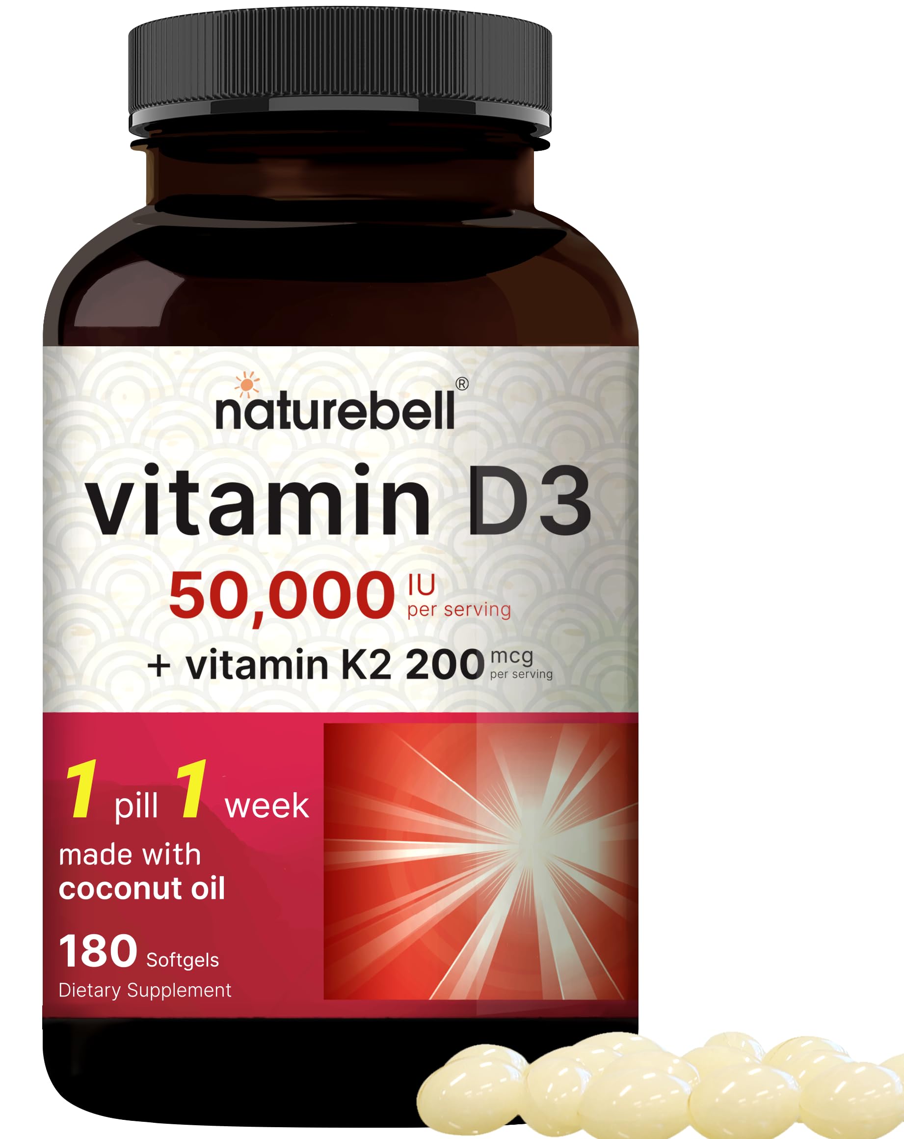 NatureBell Vitamin D3 50,000 IU + K2 200 mcg — Weekly Softgel with Coconut Oil (MK-7, Non-GMO)