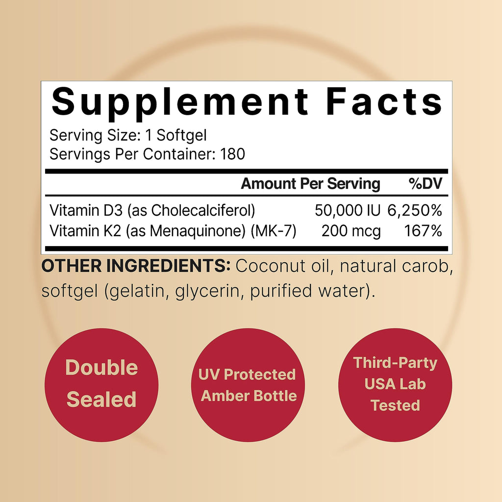 NatureBell Vitamin D3 50,000 IU + K2 200 mcg — Weekly Softgel with Coconut Oil (MK-7, Non-GMO)