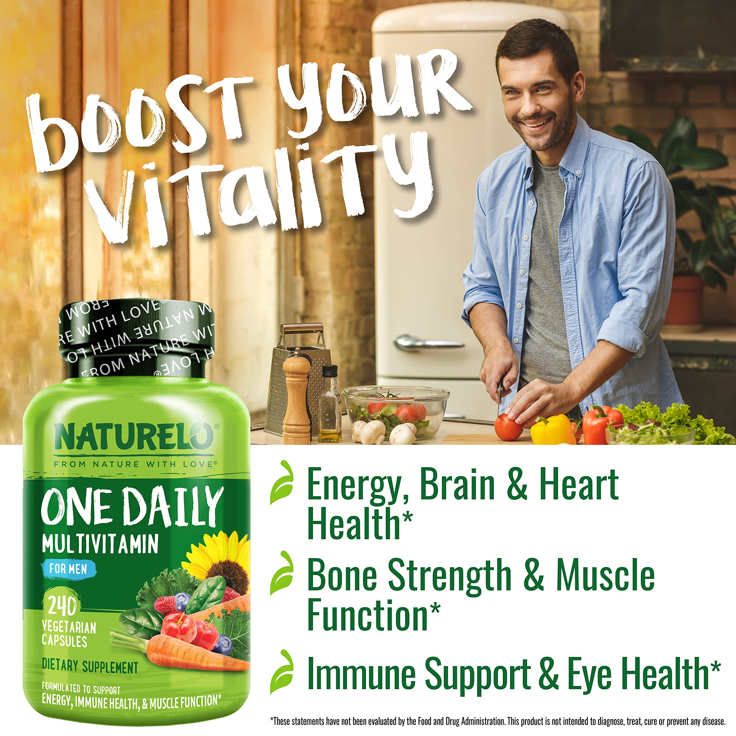NATURELO Mens Multivitamins – One Daily Multivitamin for Men with Organic Whole Foods & High-Absorption Nutrients | Non-GMO, 240 Veggie Capsules