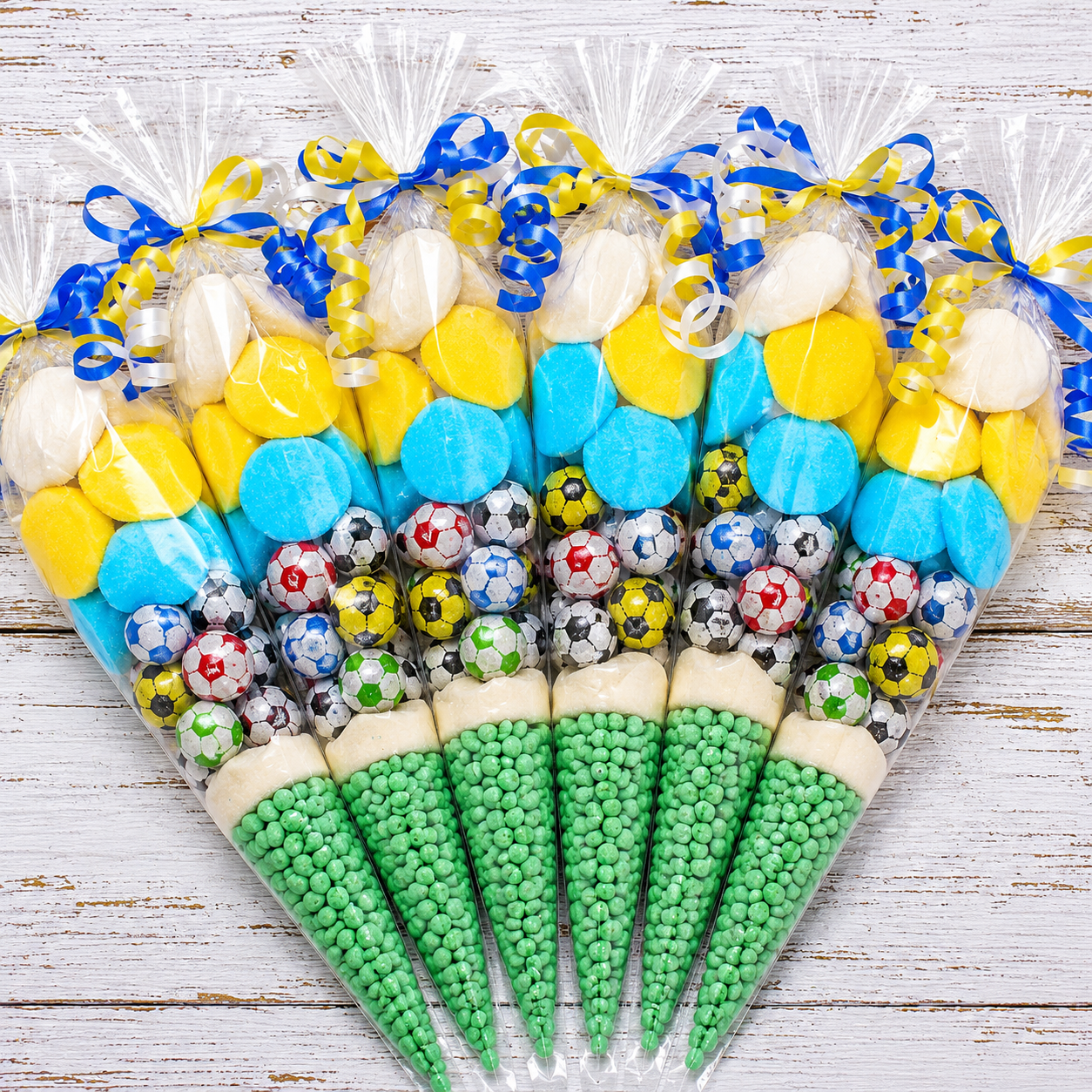 Prefilled Blue, Yellow and White Football-Inspired Sweet Cone