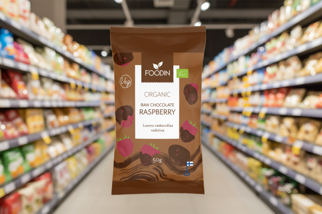 8 x Foodin Org Raw Chocolate Coated Raspberry - 50g