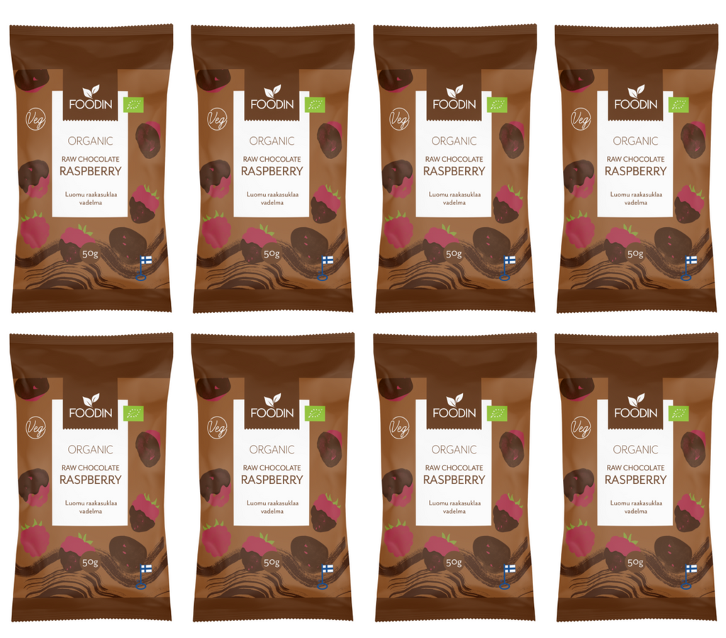 8 x Foodin Org Raw Chocolate Coated Raspberry - 50g