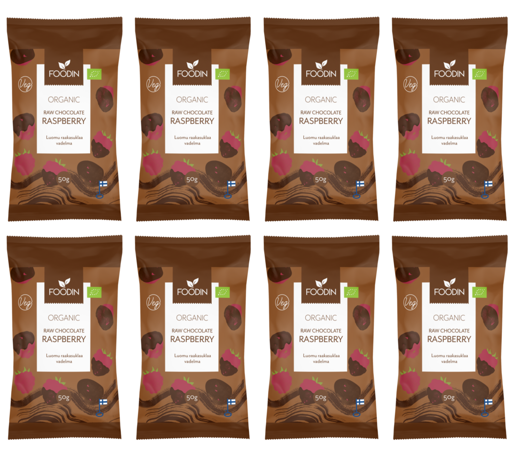 8 x Foodin Org Raw Chocolate Coated Raspberry - 50g