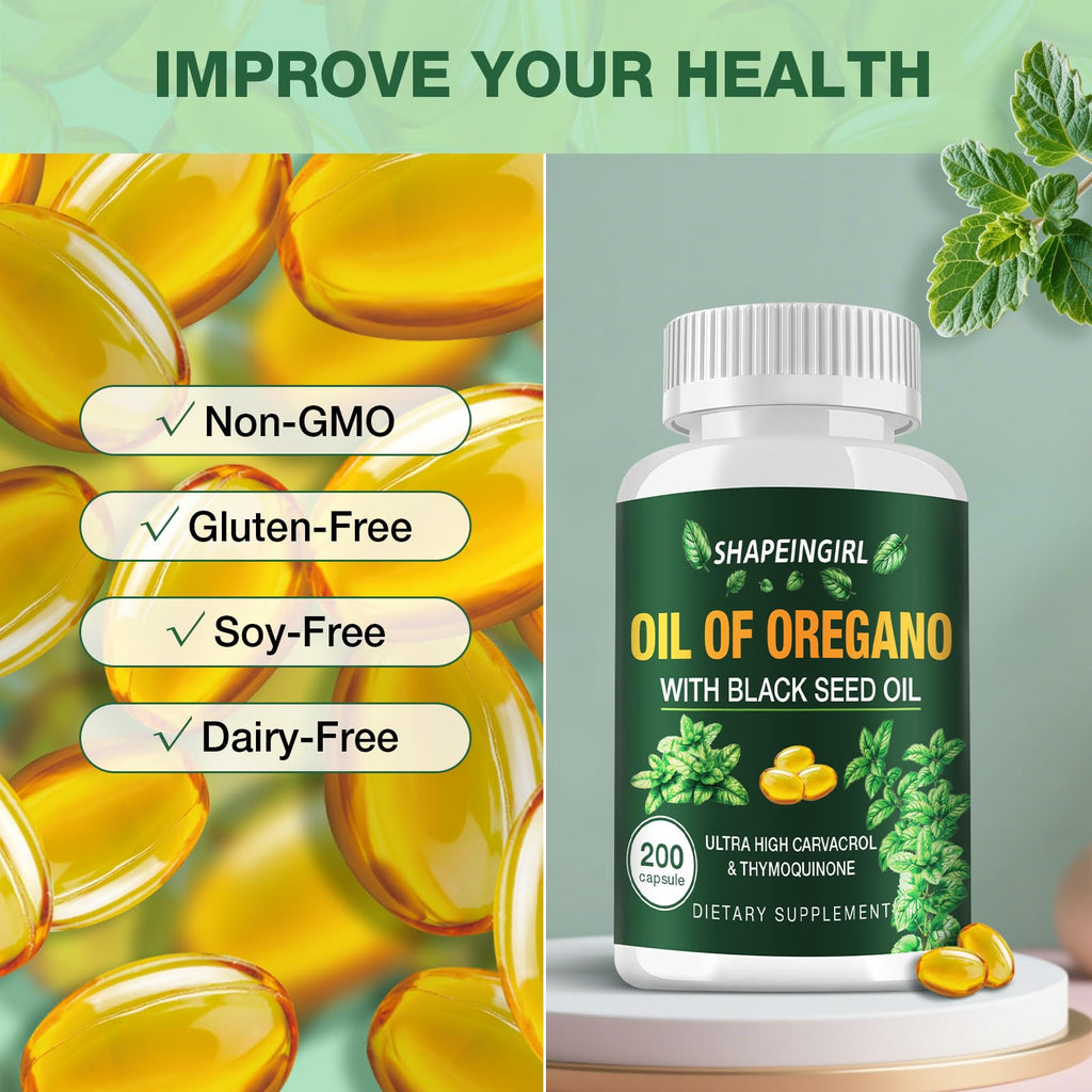 SHAPEINGIRL Organic Oregano Oil Capsules with Black Seed Oil | 200 Softgels