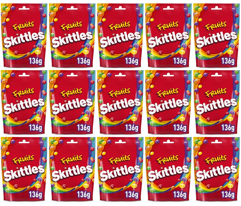 15 x Skittles Vegan Chewy Sweets Fruit Flavoured Pouch Bag 136G